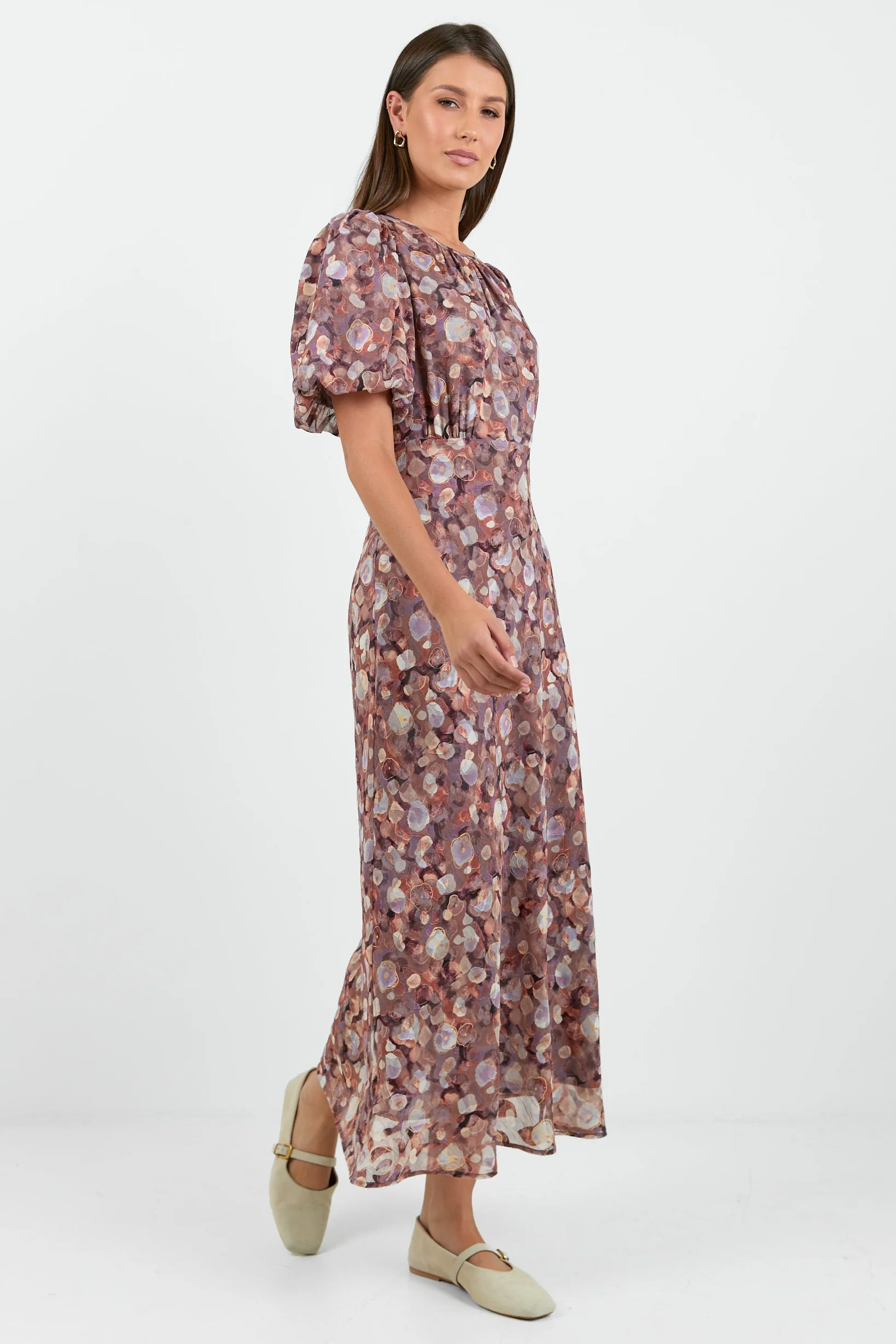 Exquisite Lilac Blush Floral Puff Sleeve Midi Dress - Image 4