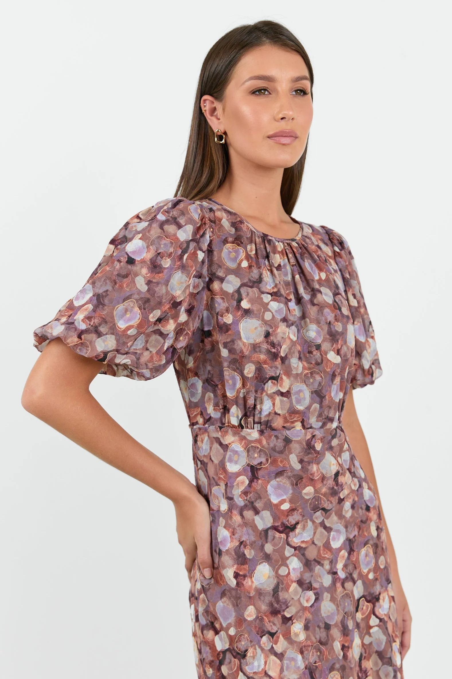 Exquisite Lilac Blush Floral Puff Sleeve Midi Dress - Image 5