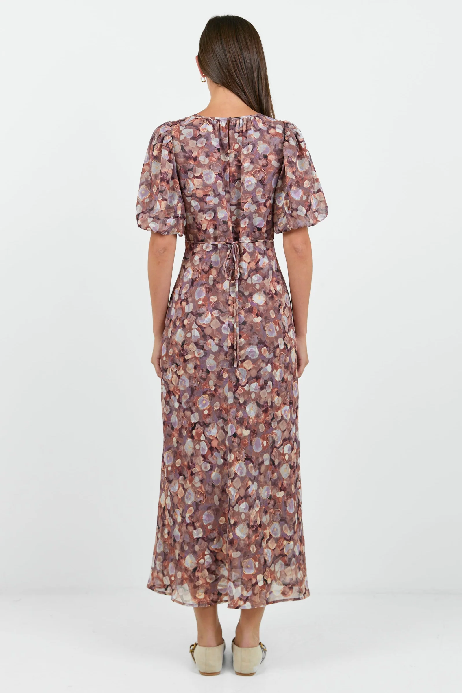 Exquisite Lilac Blush Floral Puff Sleeve Midi Dress - Image 6