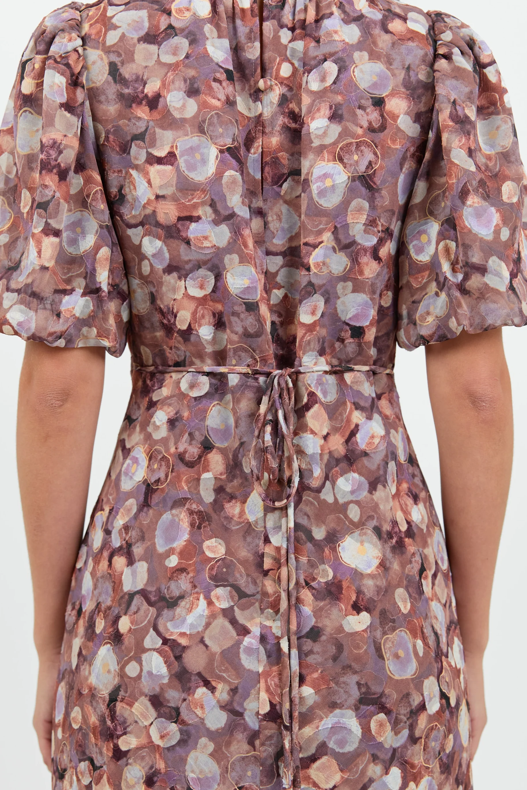 Exquisite Lilac Blush Floral Puff Sleeve Midi Dress - Image 7