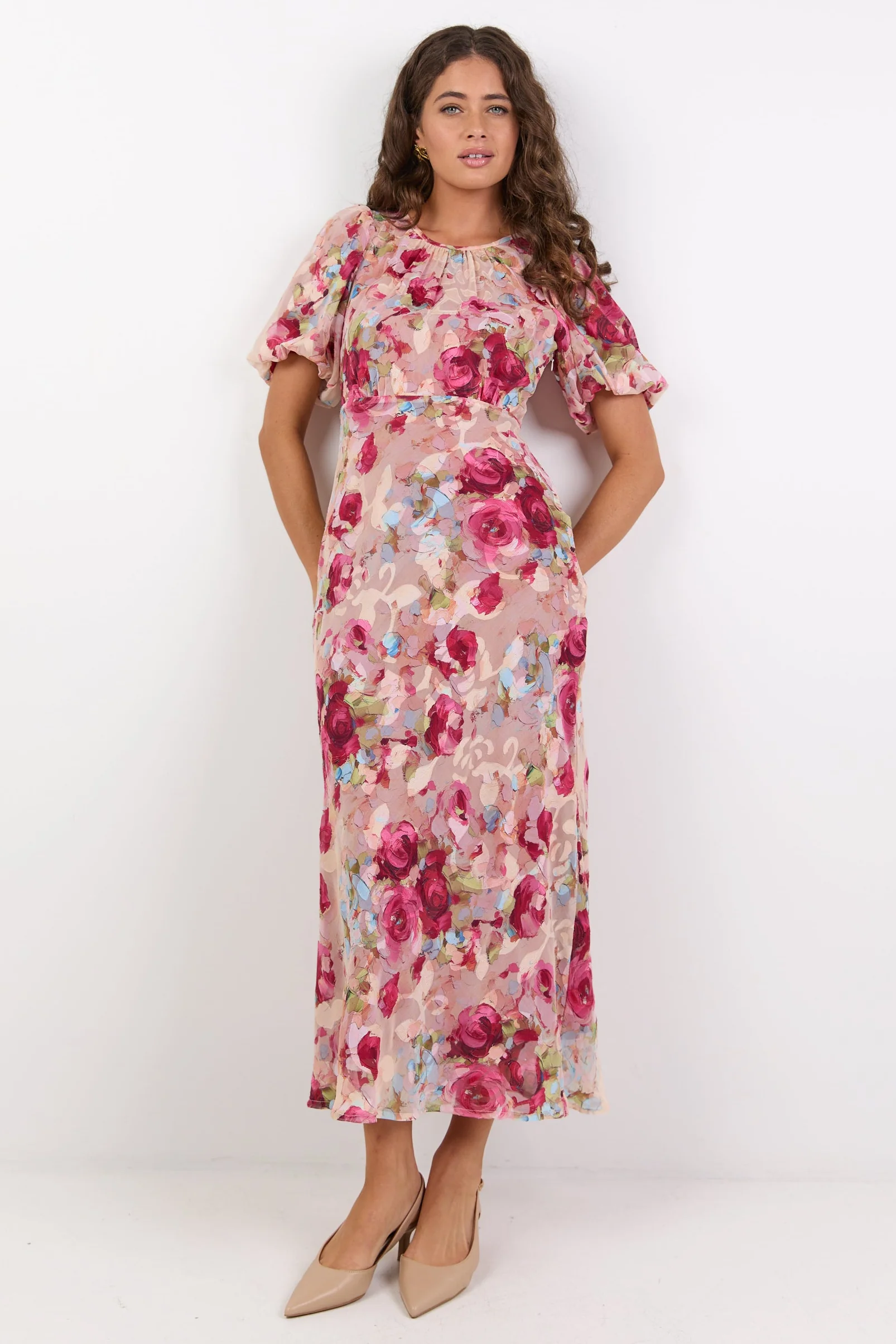Exquisite Painted Rose Puff Sleeve Midi Dress - Image 4