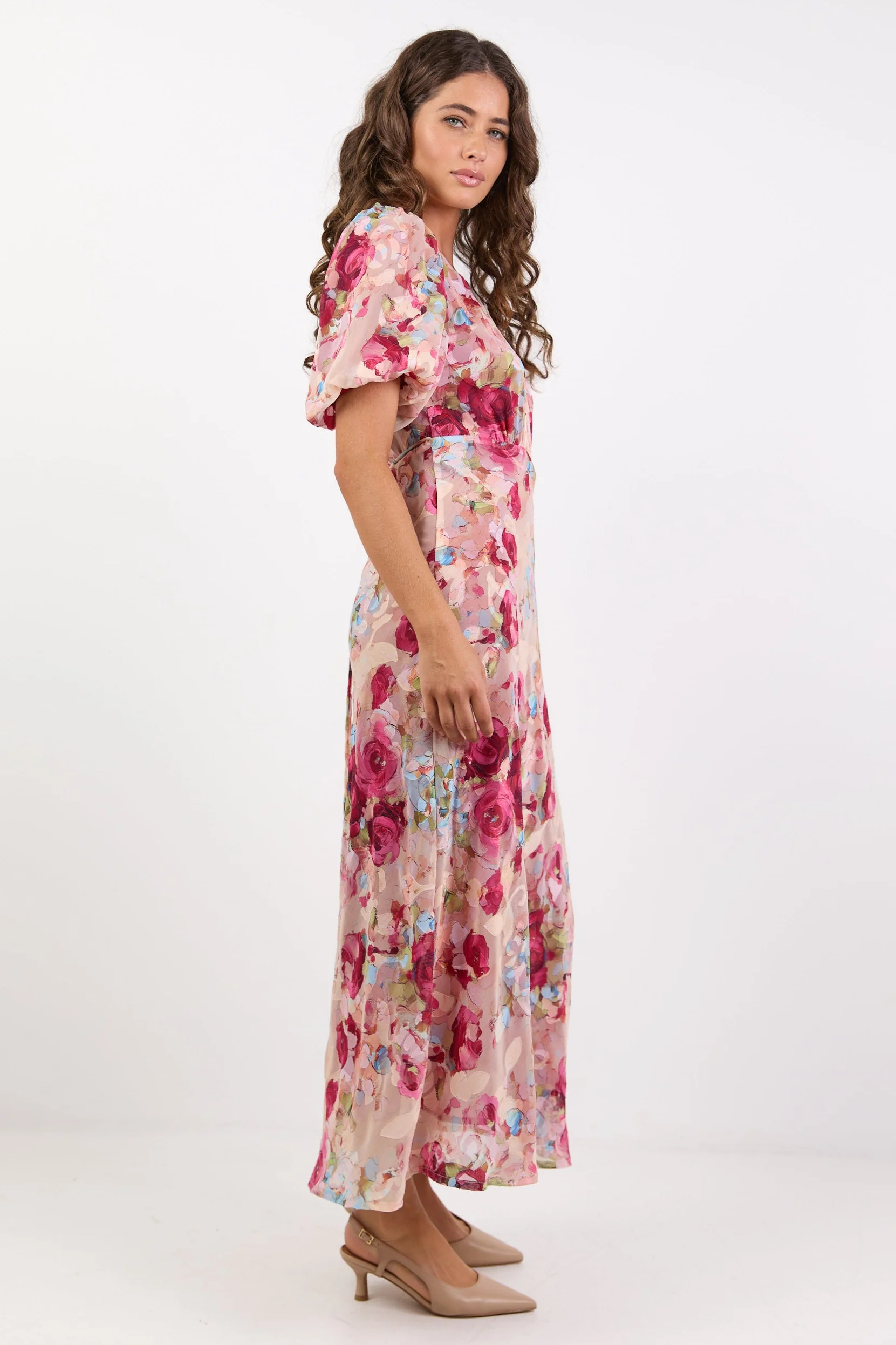 Exquisite Painted Rose Puff Sleeve Midi Dress - Image 5