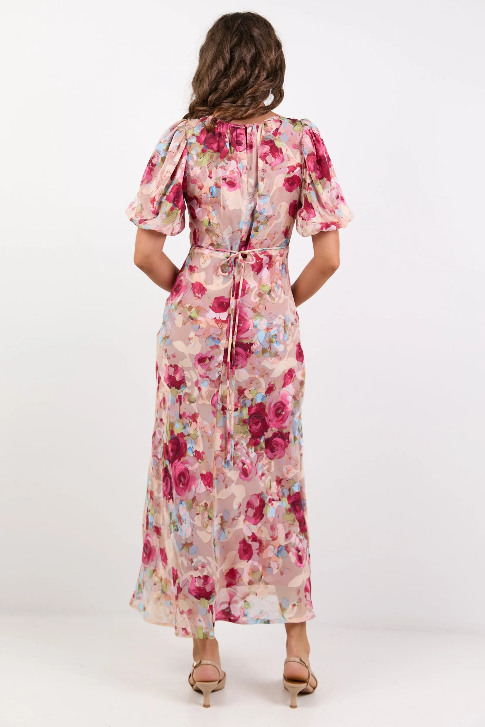 Exquisite Painted Rose Puff Sleeve Midi Dress - Image 7