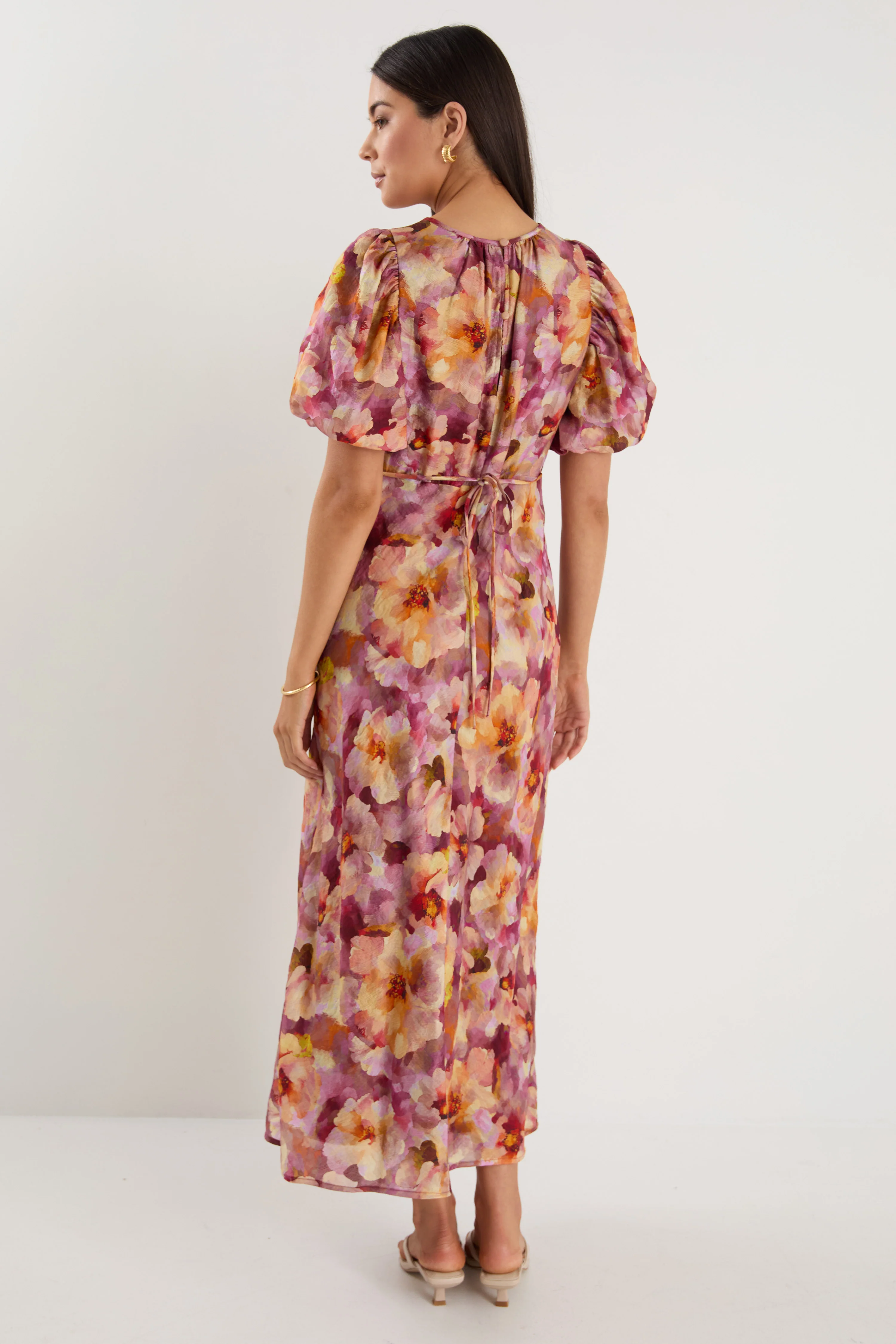 Exquisite Pink Multi Floral Puff Sleeve Midi Dress - Image 5
