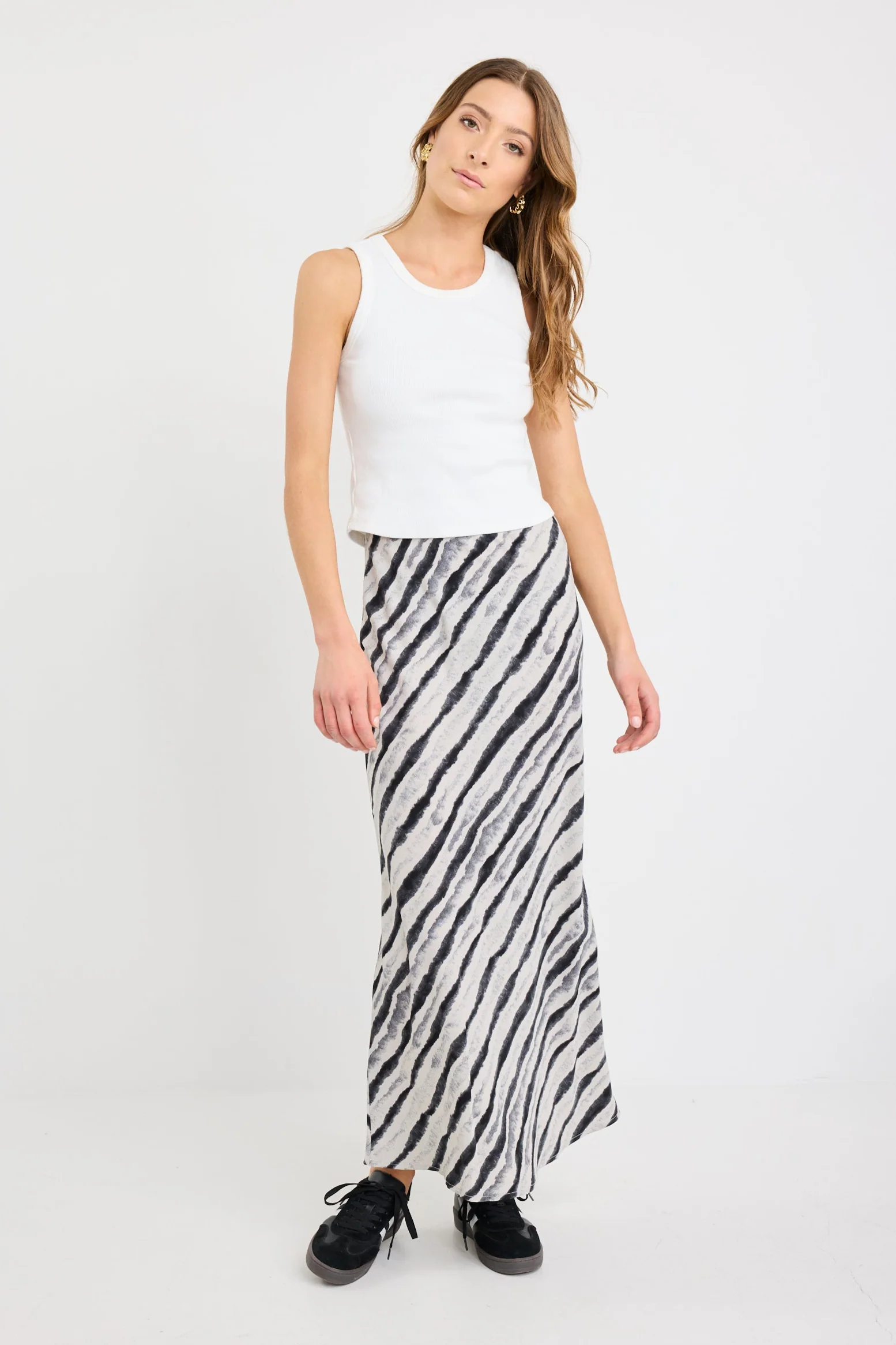 Faithful Charcoal Irregular Stripe Satin Bias Maxi Skirt - Image 2