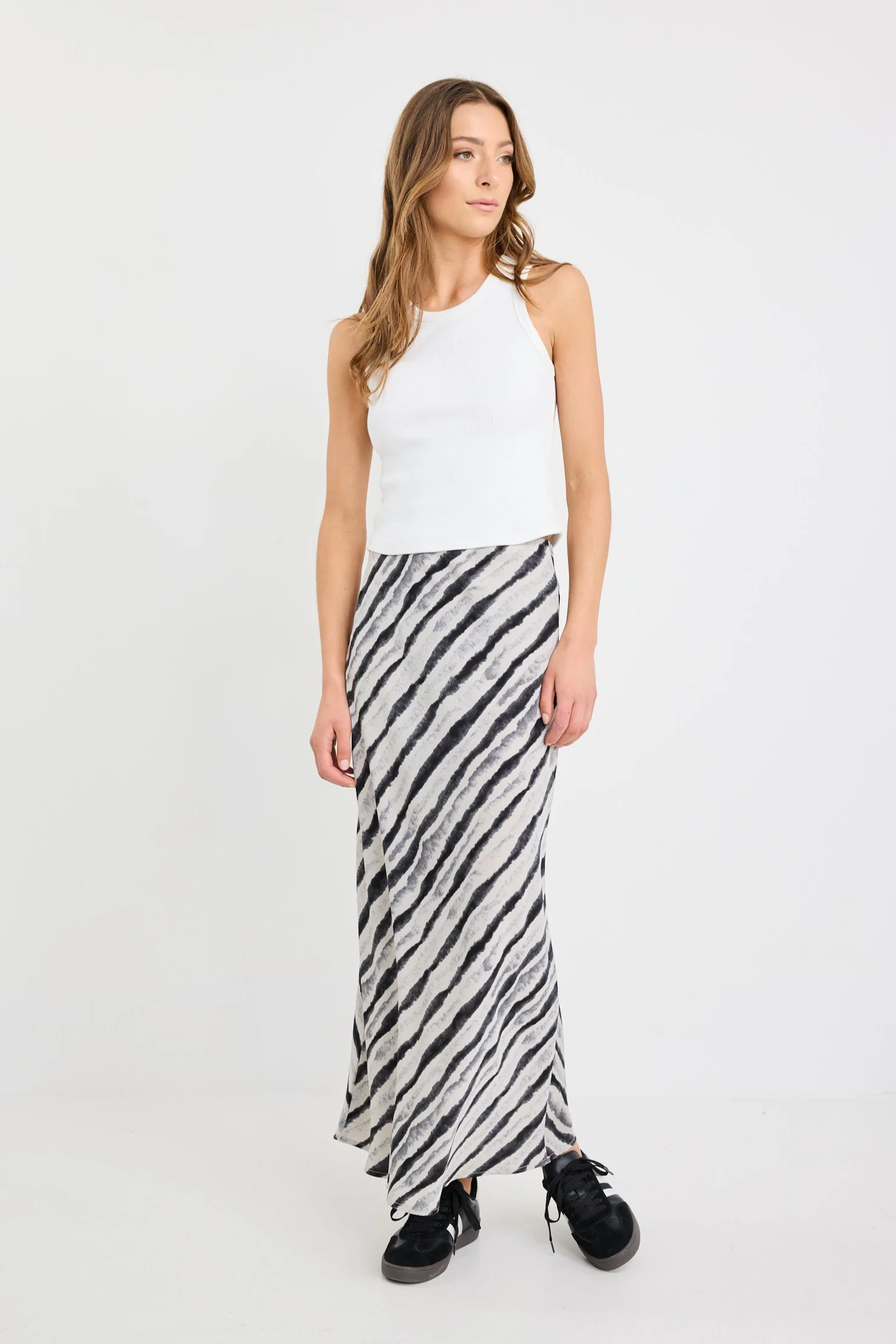 Faithful Charcoal Irregular Stripe Satin Bias Maxi Skirt - Image 4