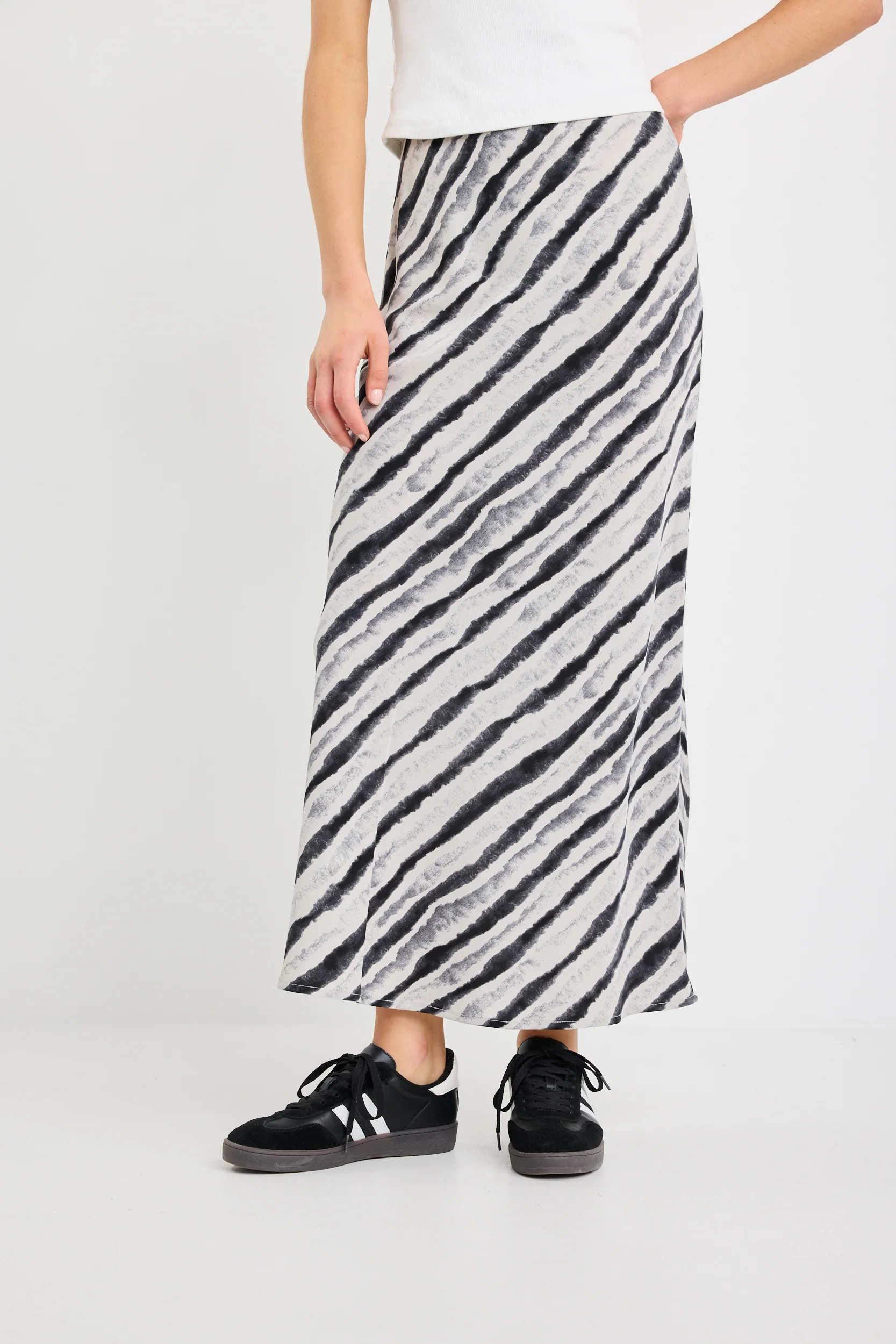 Faithful Charcoal Irregular Stripe Satin Bias Maxi Skirt - Image 5