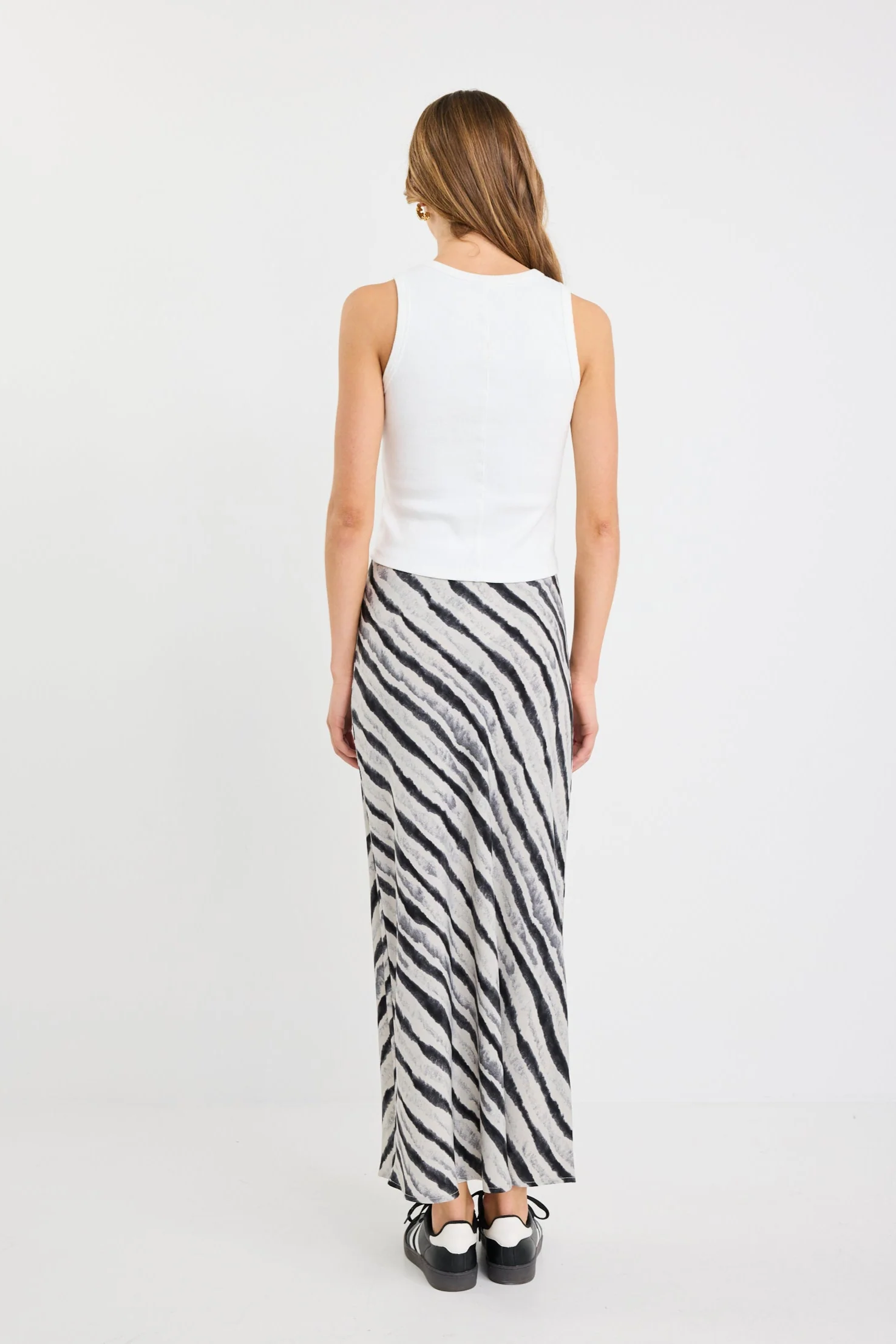 Faithful Charcoal Irregular Stripe Satin Bias Maxi Skirt - Image 6