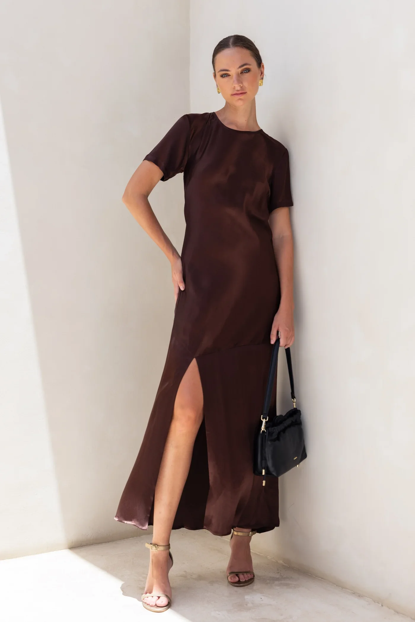 Falling In Love Chocolate SS Satin Maxi Dress - Image 2