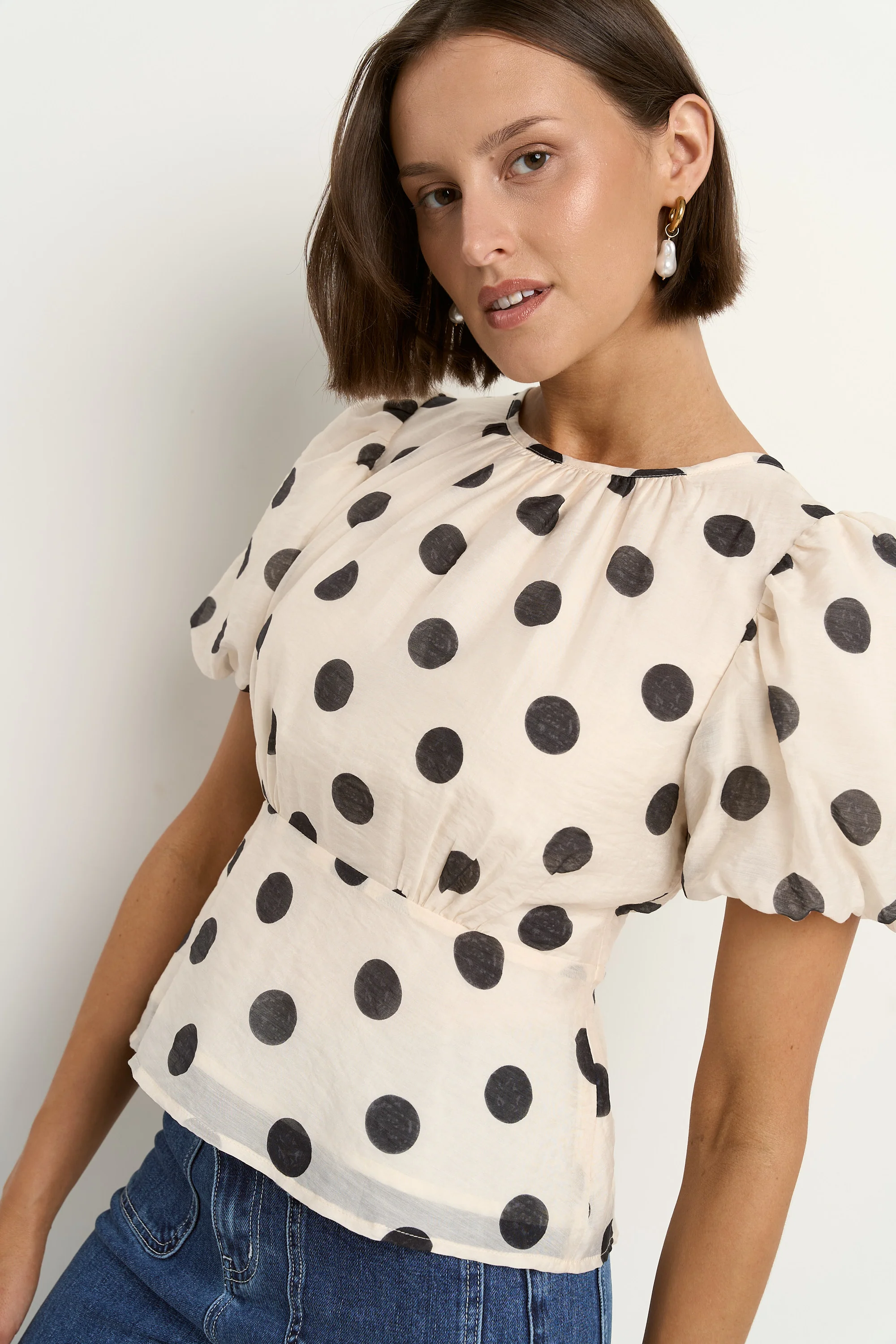 Finali Cream Black Polka Dot Puff Short Sleeve Top - Image 2