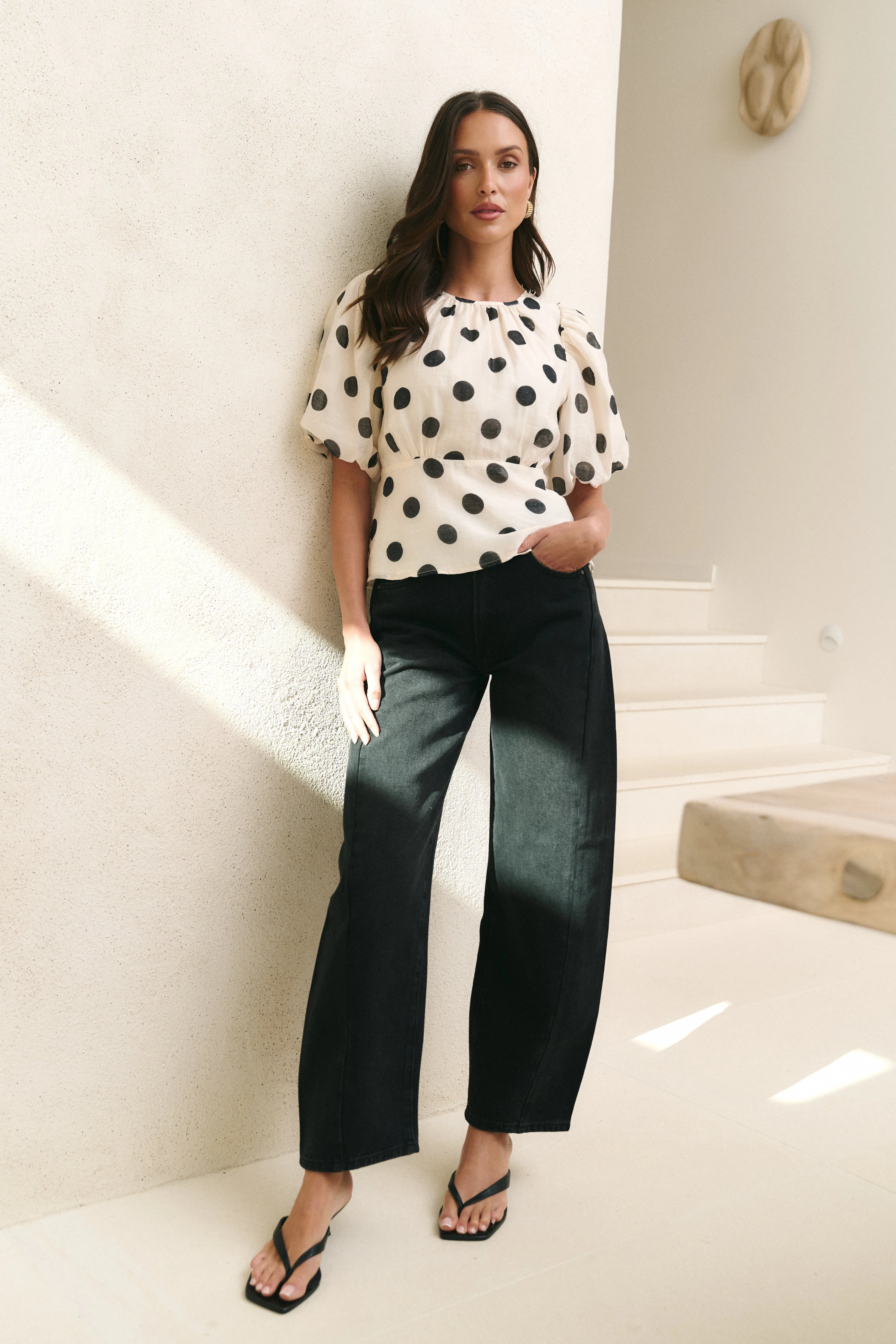 Finali Cream Black Polka Dot Puff Short Sleeve Top - Image 5