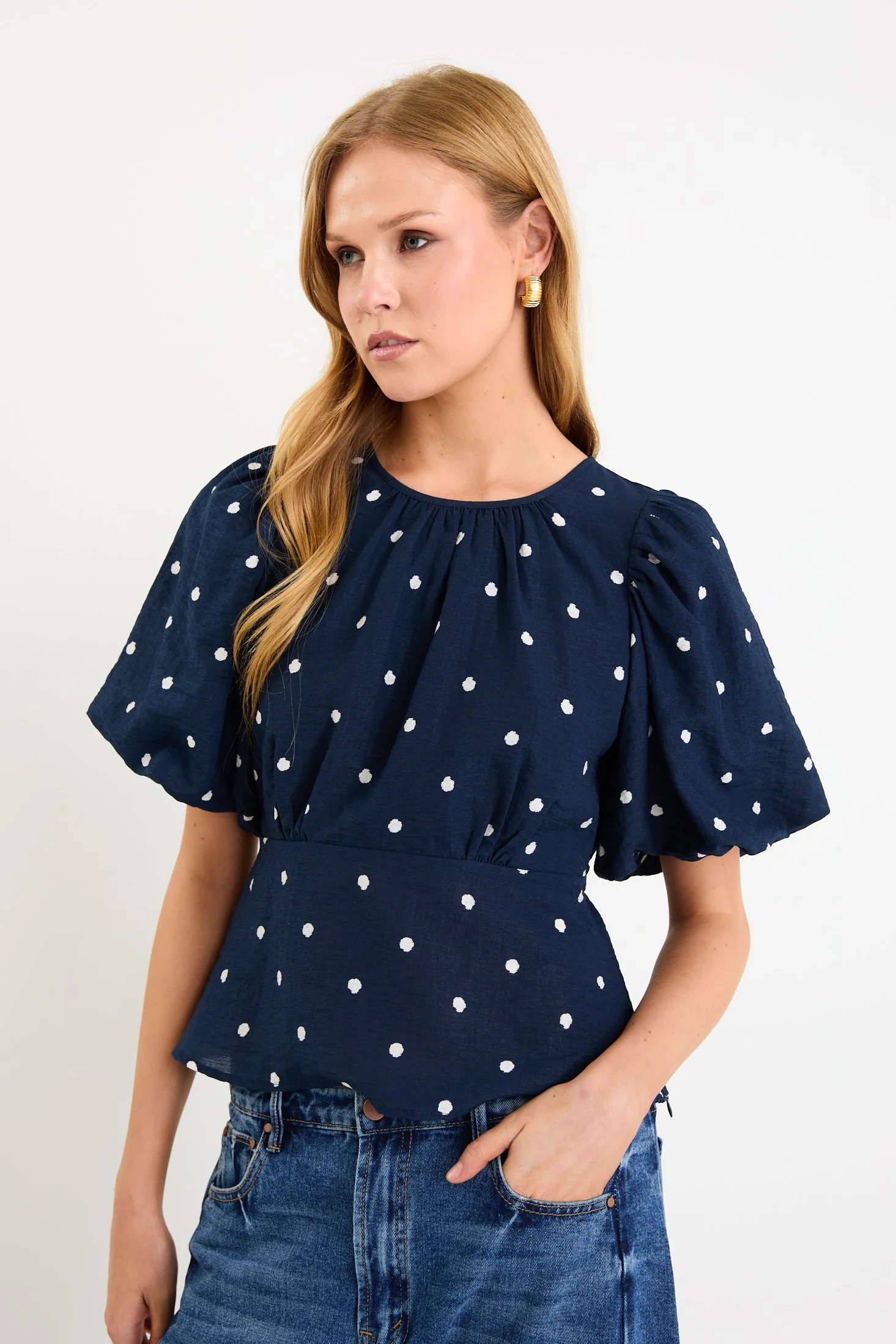 Finali Navy Polka Dot Bubble Sleeve Top - Image 2