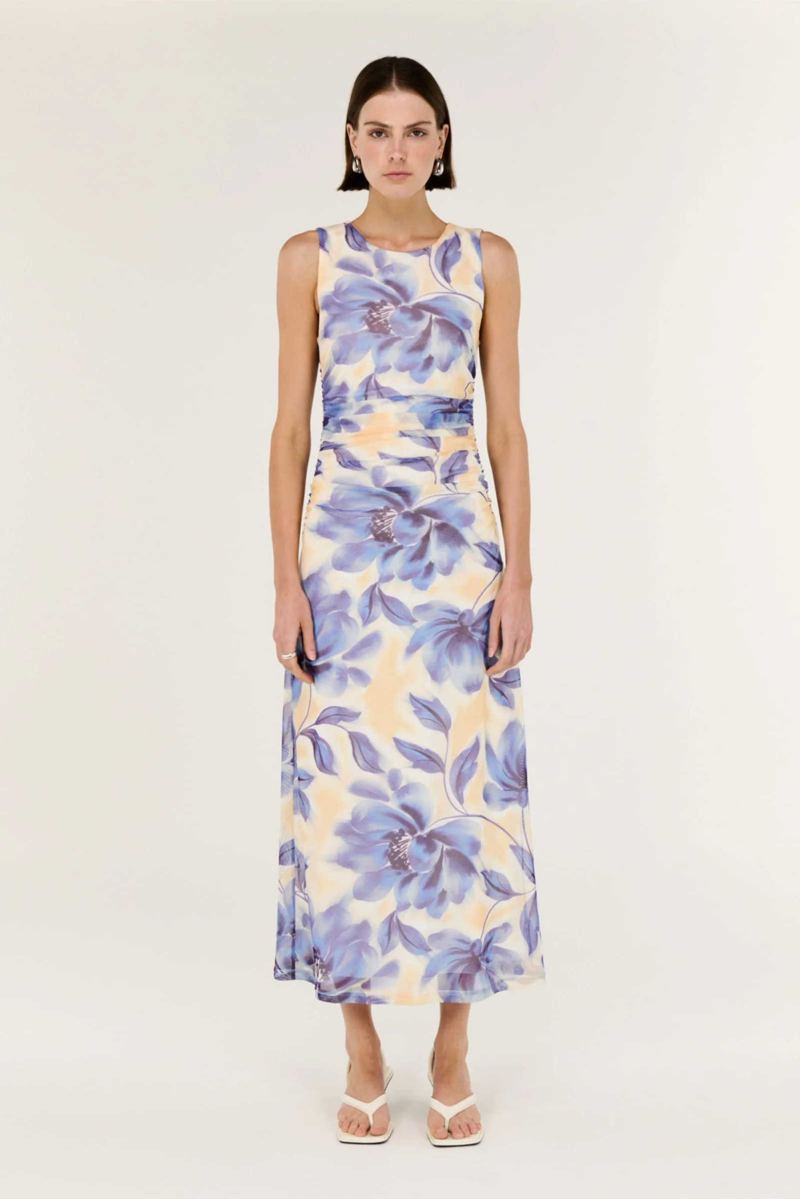 Fleur Blue Blurred Floral Sleeveless Mesh Midi Dress - Image 2