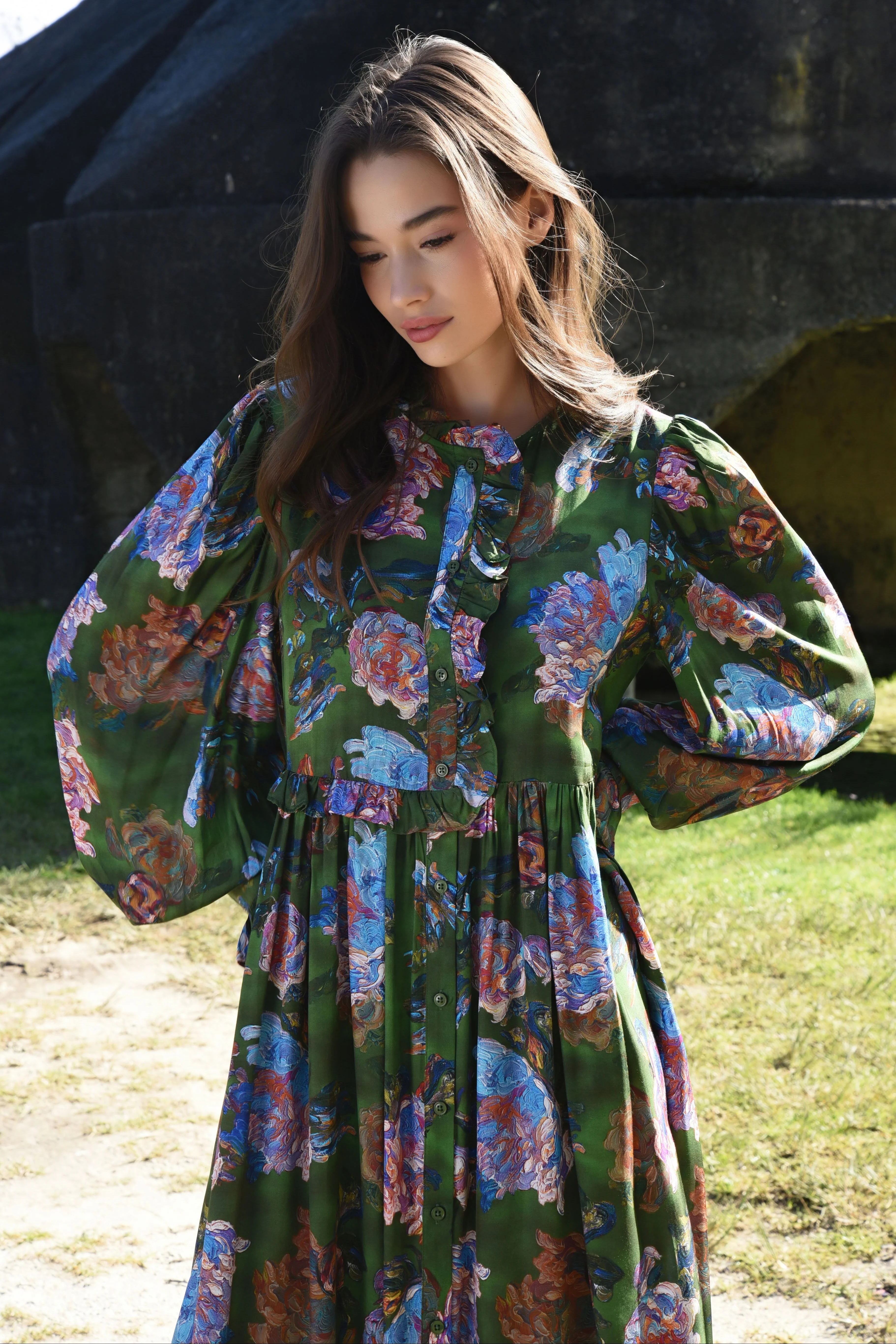 Floral Flair Green Floral LS Maxi Dress