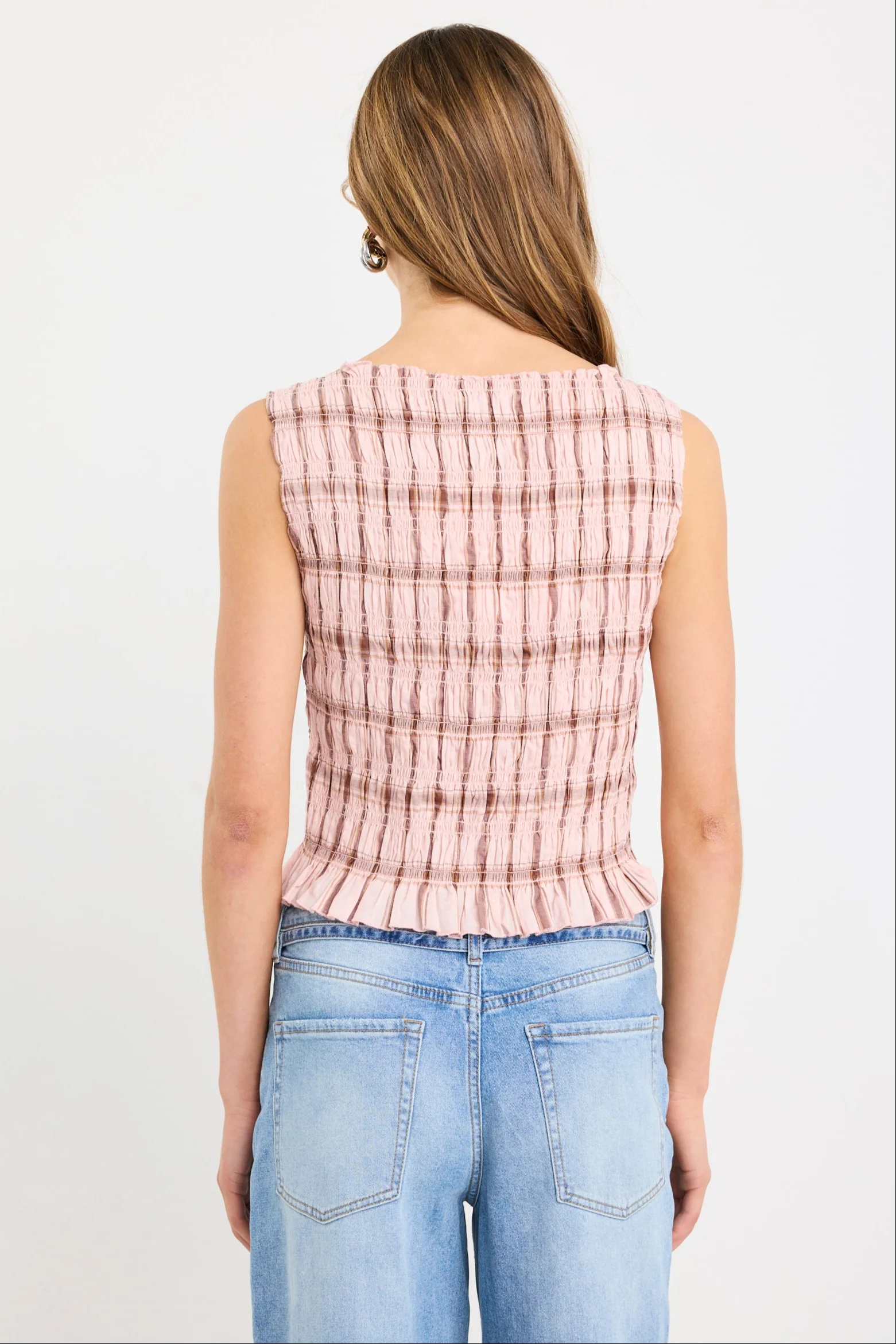 Forsaken Blush Check Shirred Sleeveless Shell Top - Image 6