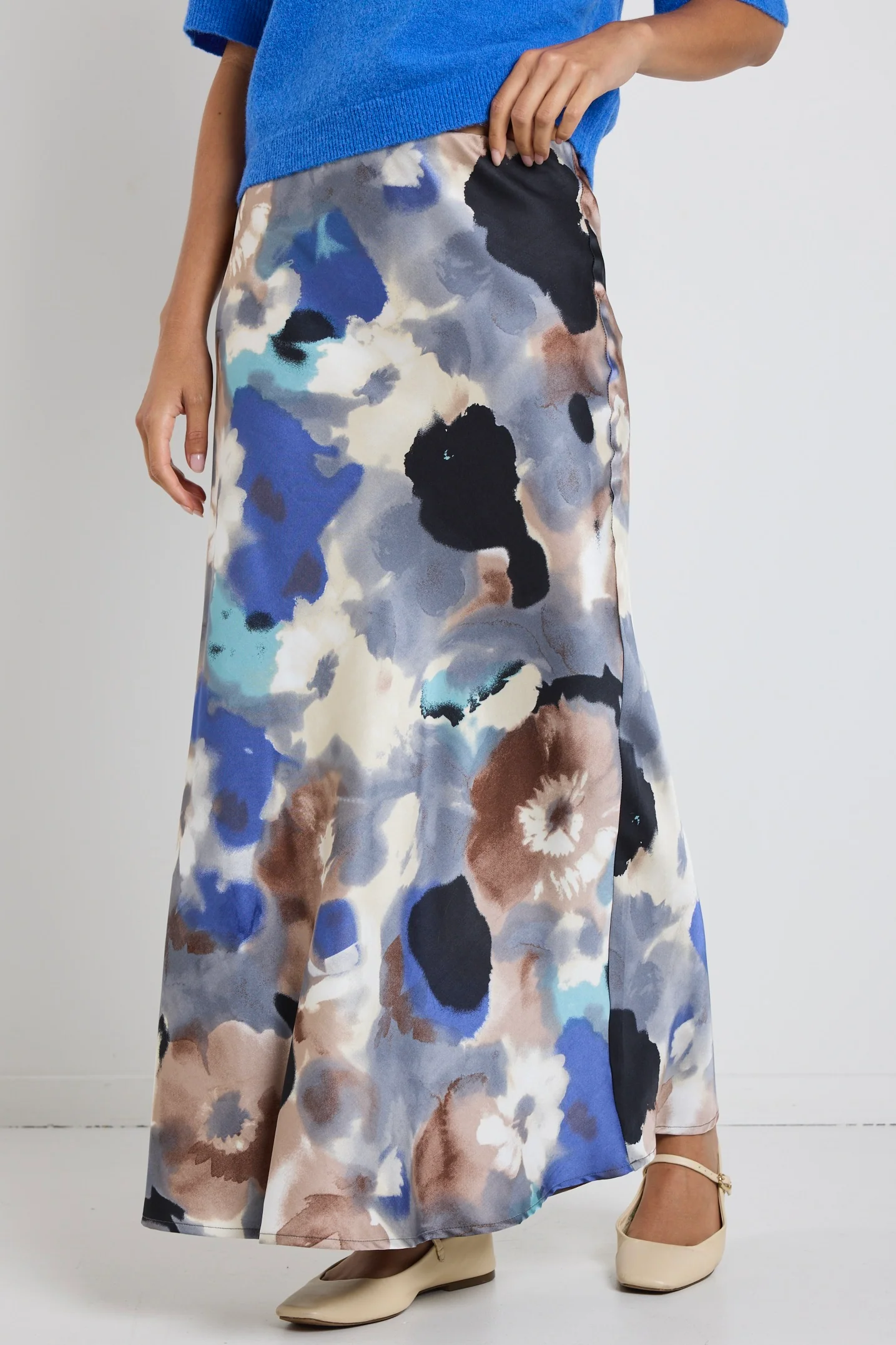 Frantic Navy Multi Watercolour Satin Bias Maxi Skirt - Image 5