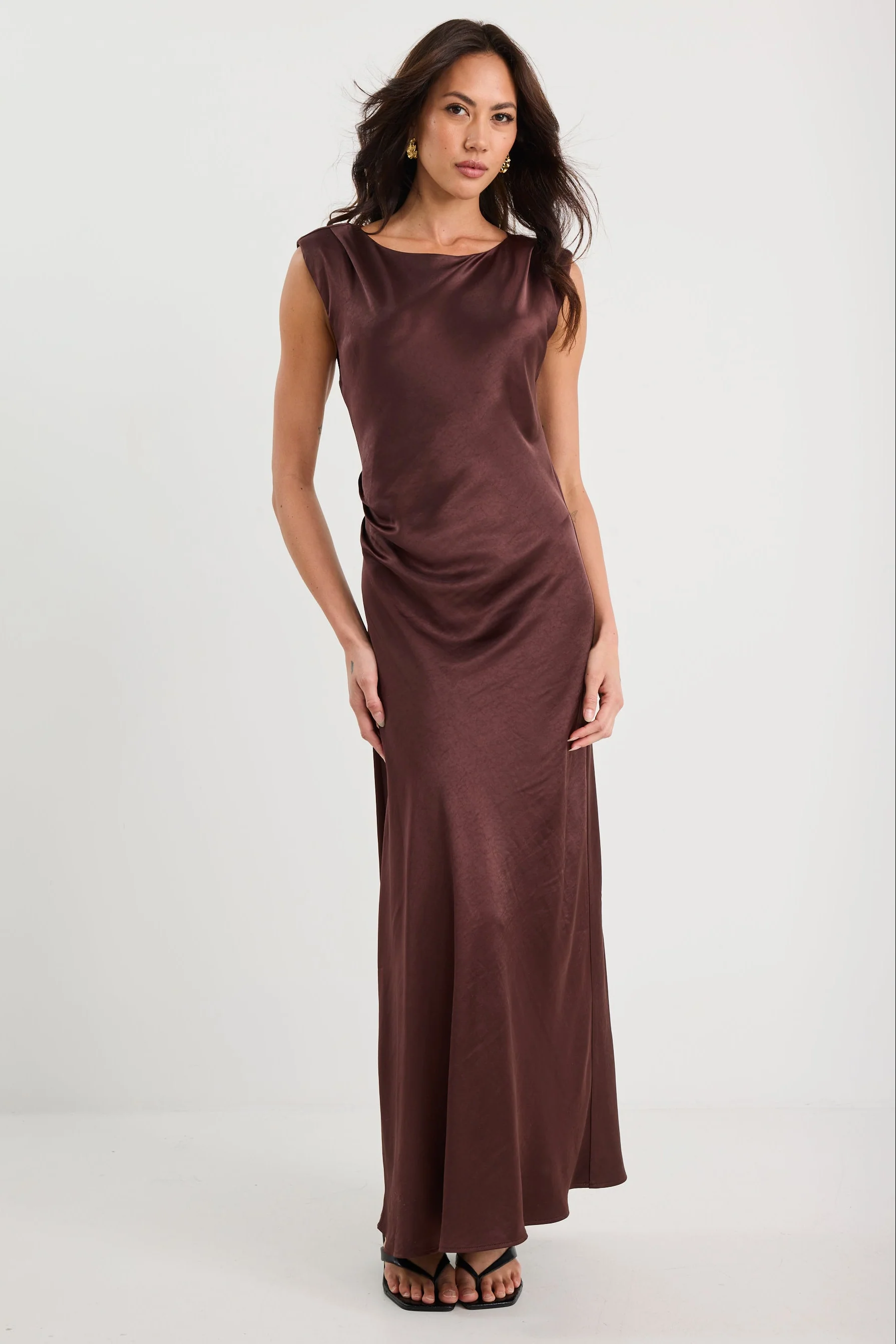 Fruition Chocolate Satin Bias Sleeveless Maxi Dress