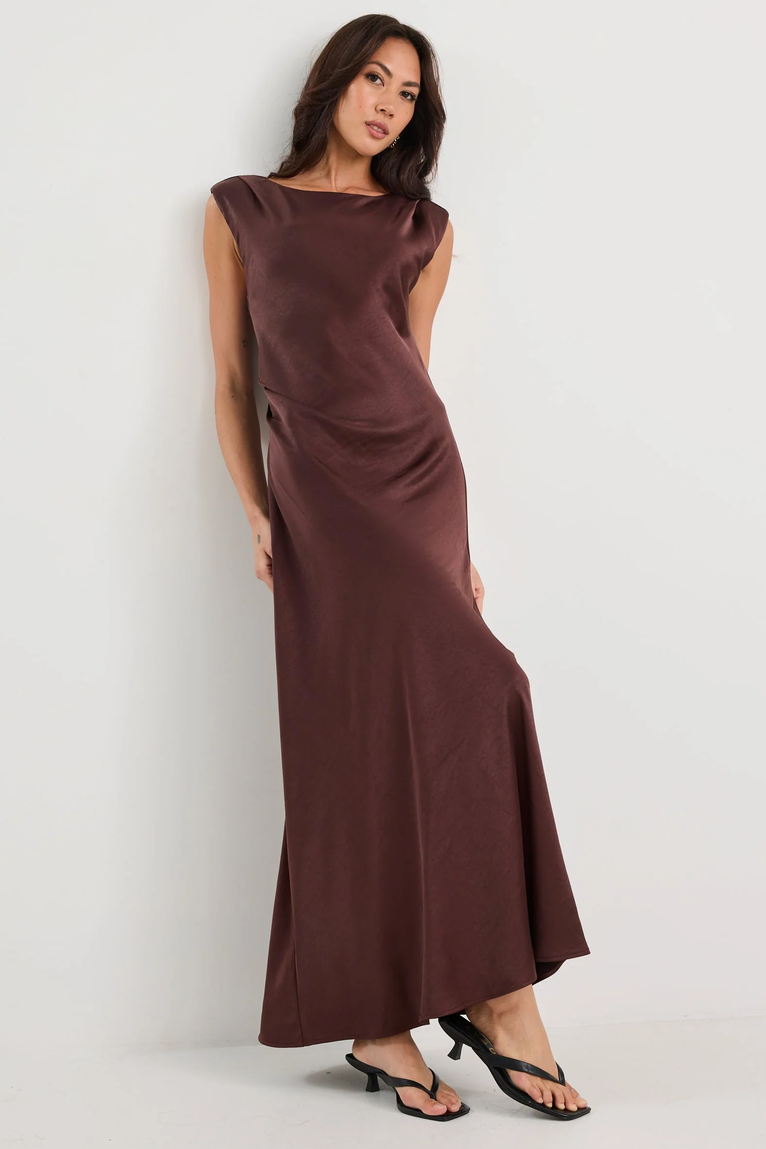 Fruition Chocolate Satin Bias Sleeveless Maxi Dress - Image 4
