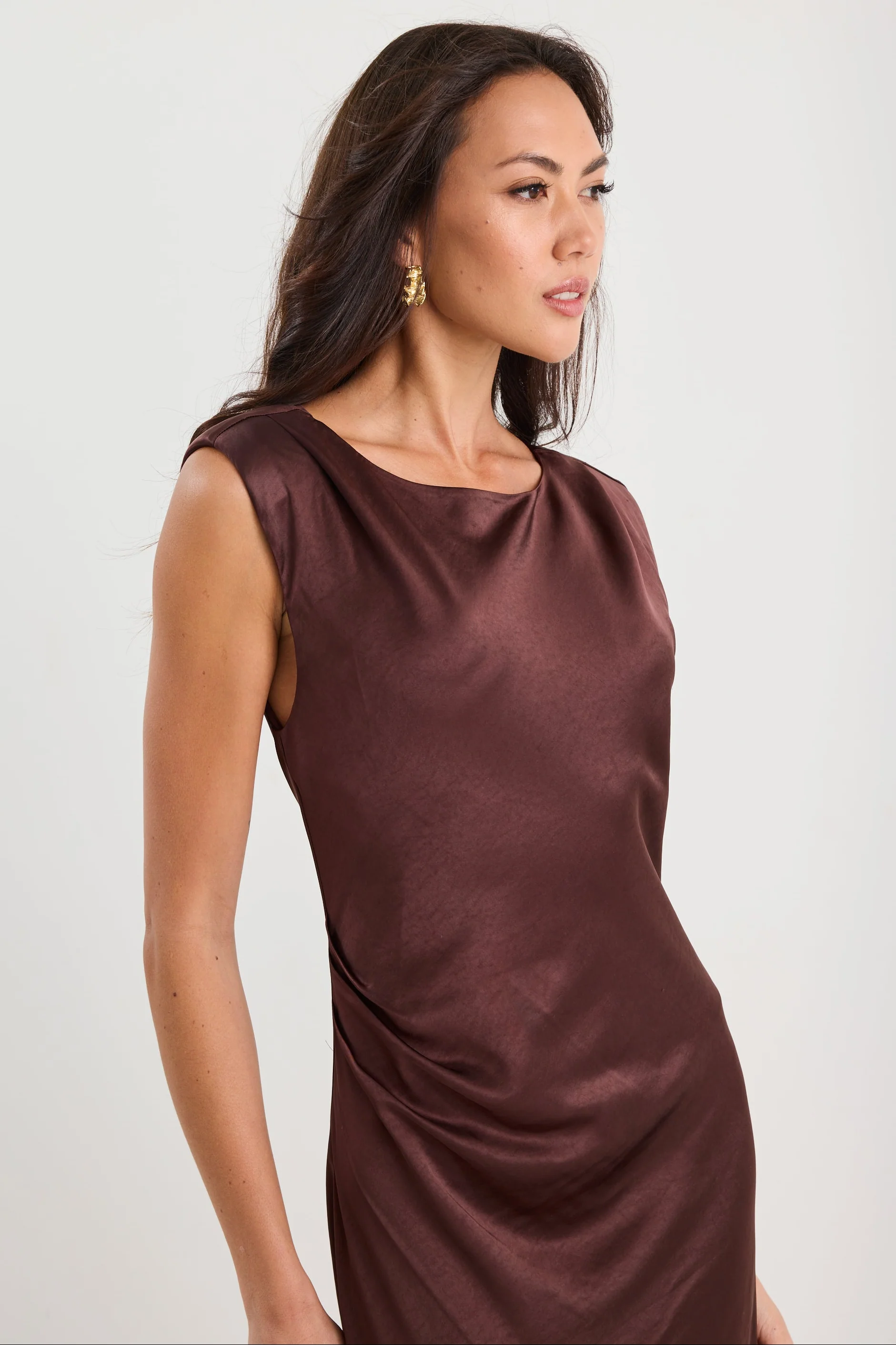 Fruition Chocolate Satin Bias Sleeveless Maxi Dress - Image 6