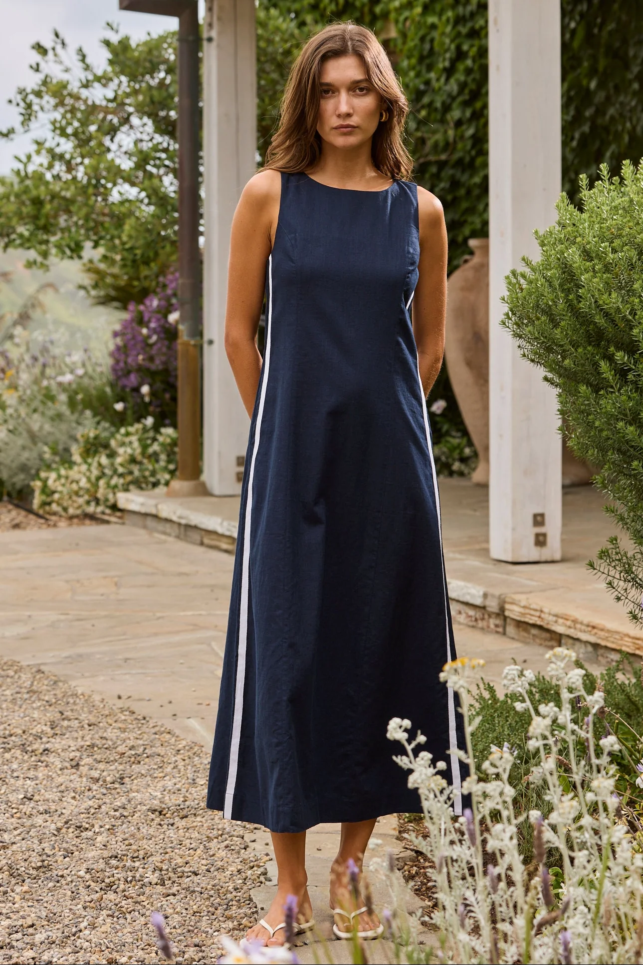 Future Ink Linen Blend Sleeveless Stripe Trim Midi Dress