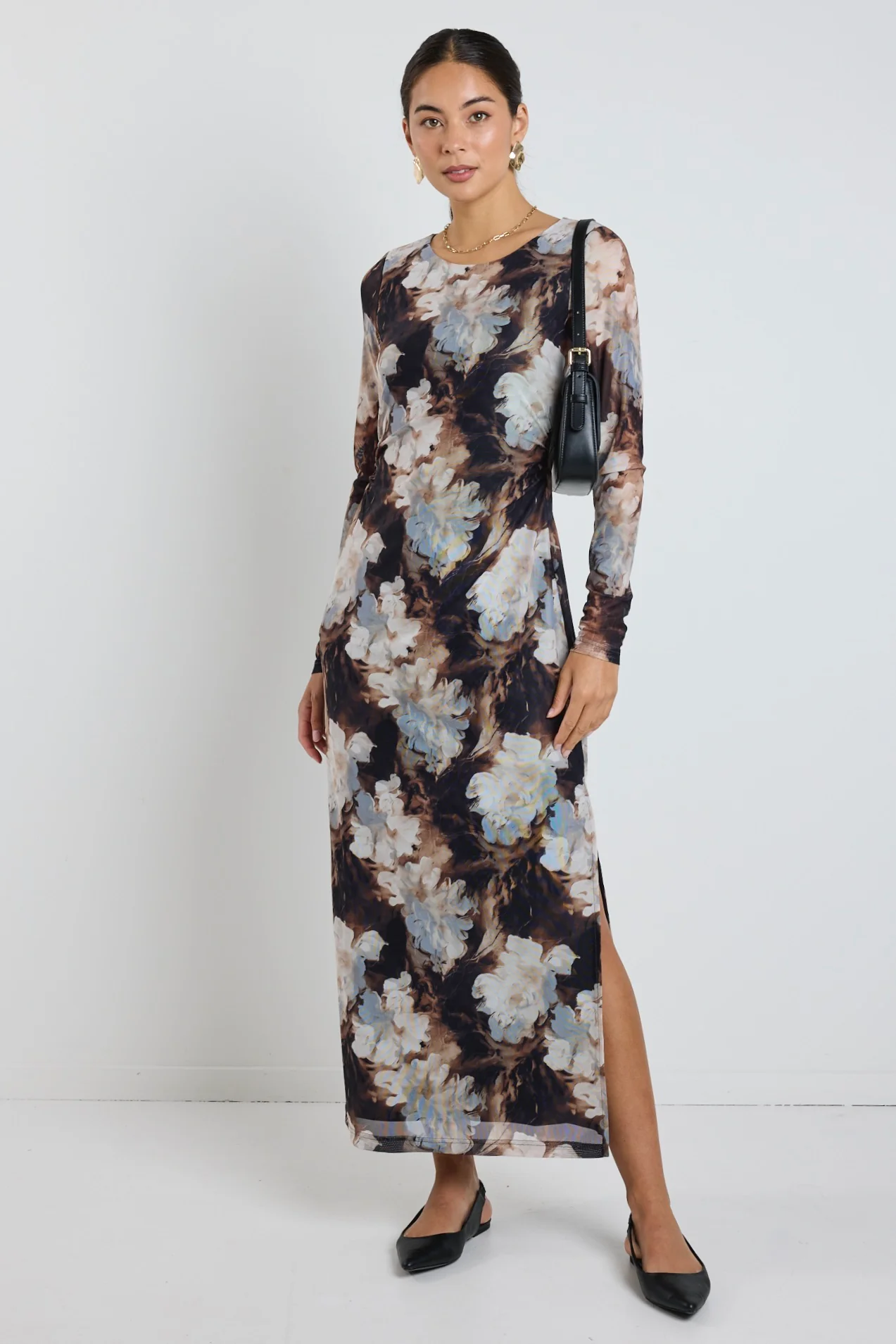 Gallery Sepia Floral Mesh LS Maxi Dress - Image 3