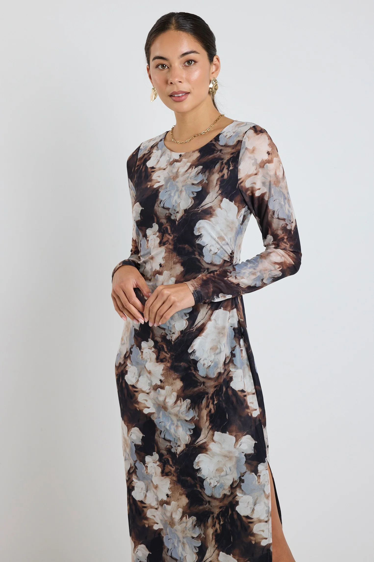 Gallery Sepia Floral Mesh LS Maxi Dress - Image 5
