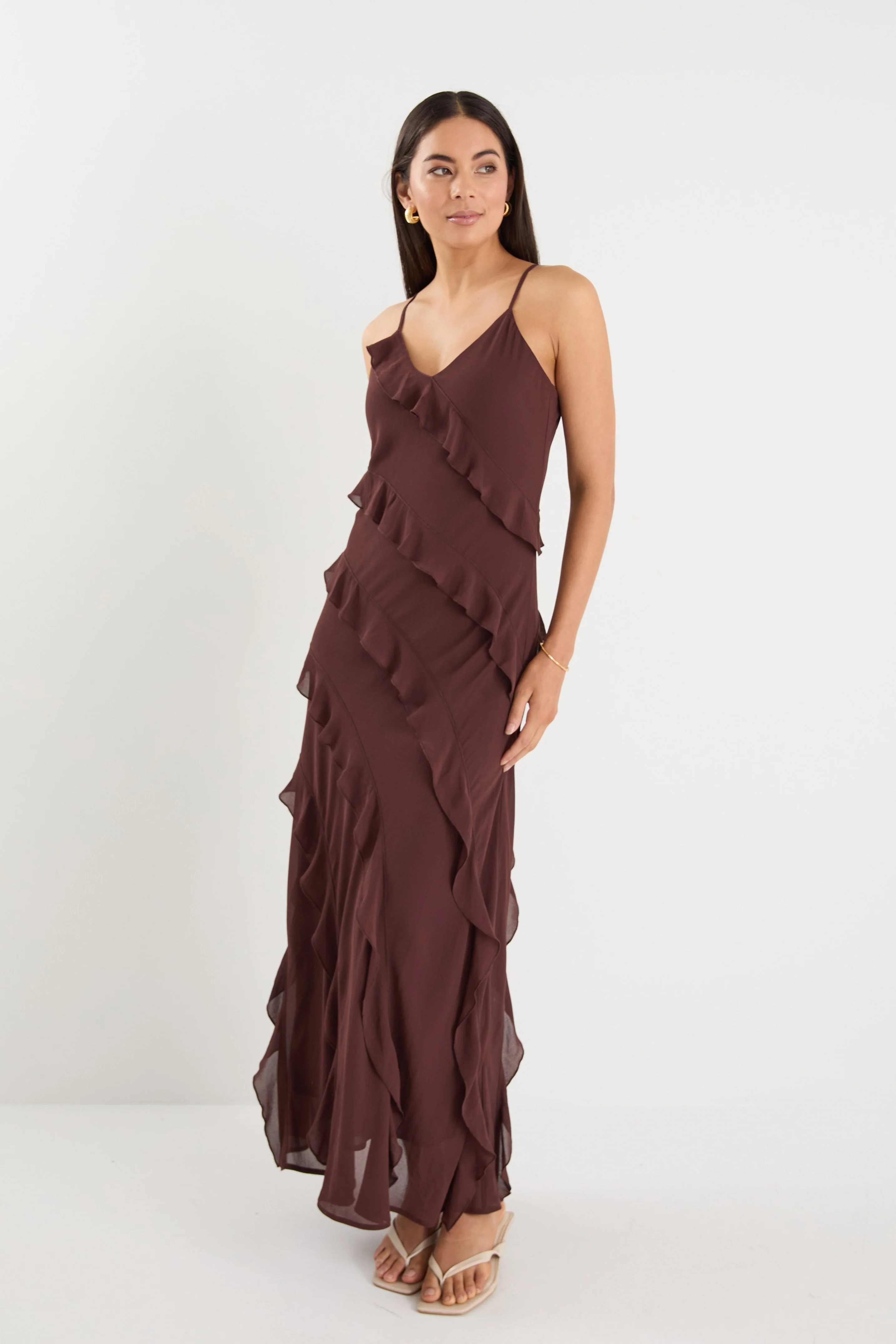 Galore Chocolate Bias Ruffle Slip Maxi Dress - Image 2