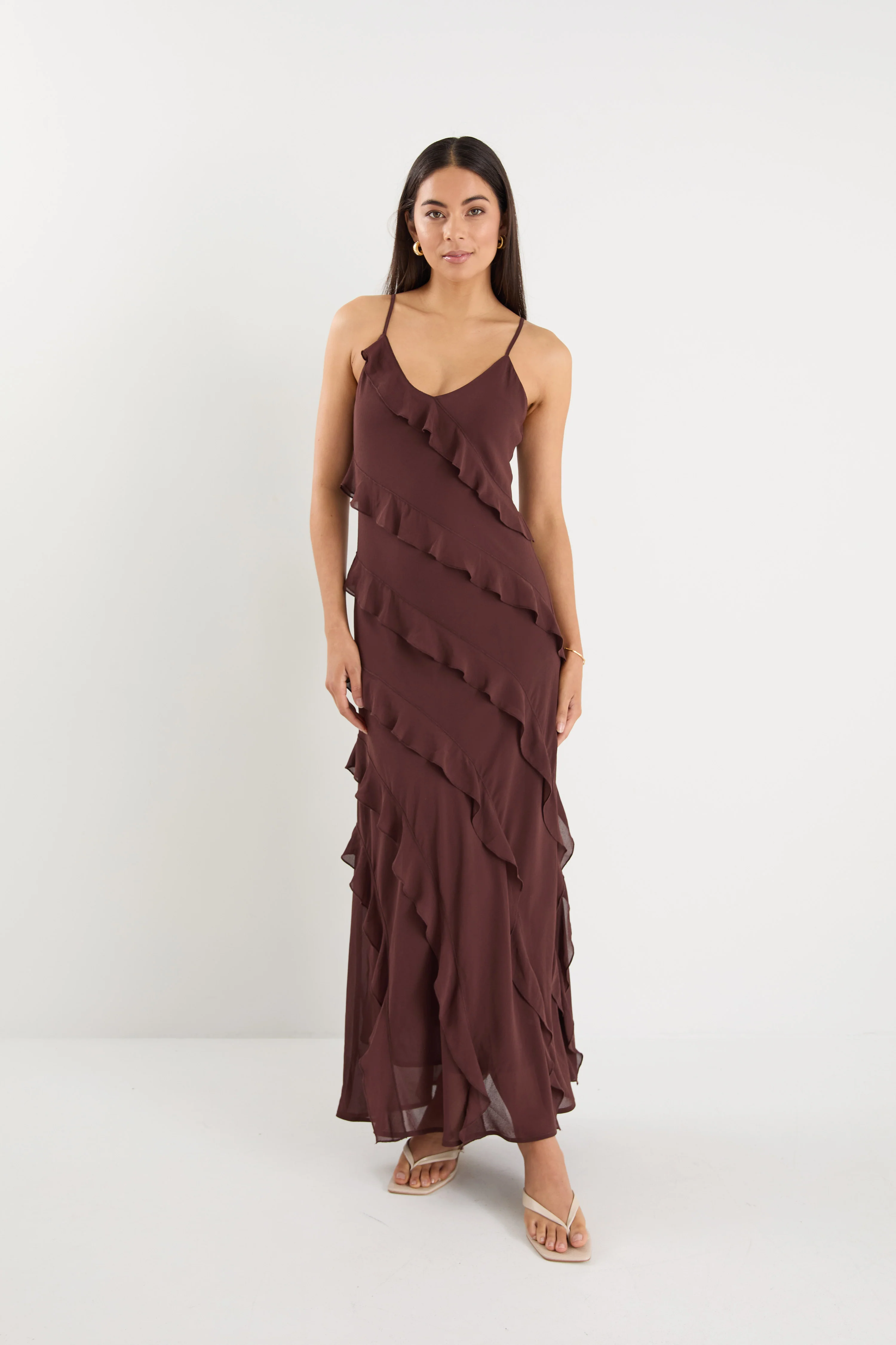 Galore Chocolate Bias Ruffle Slip Maxi Dress - Image 3