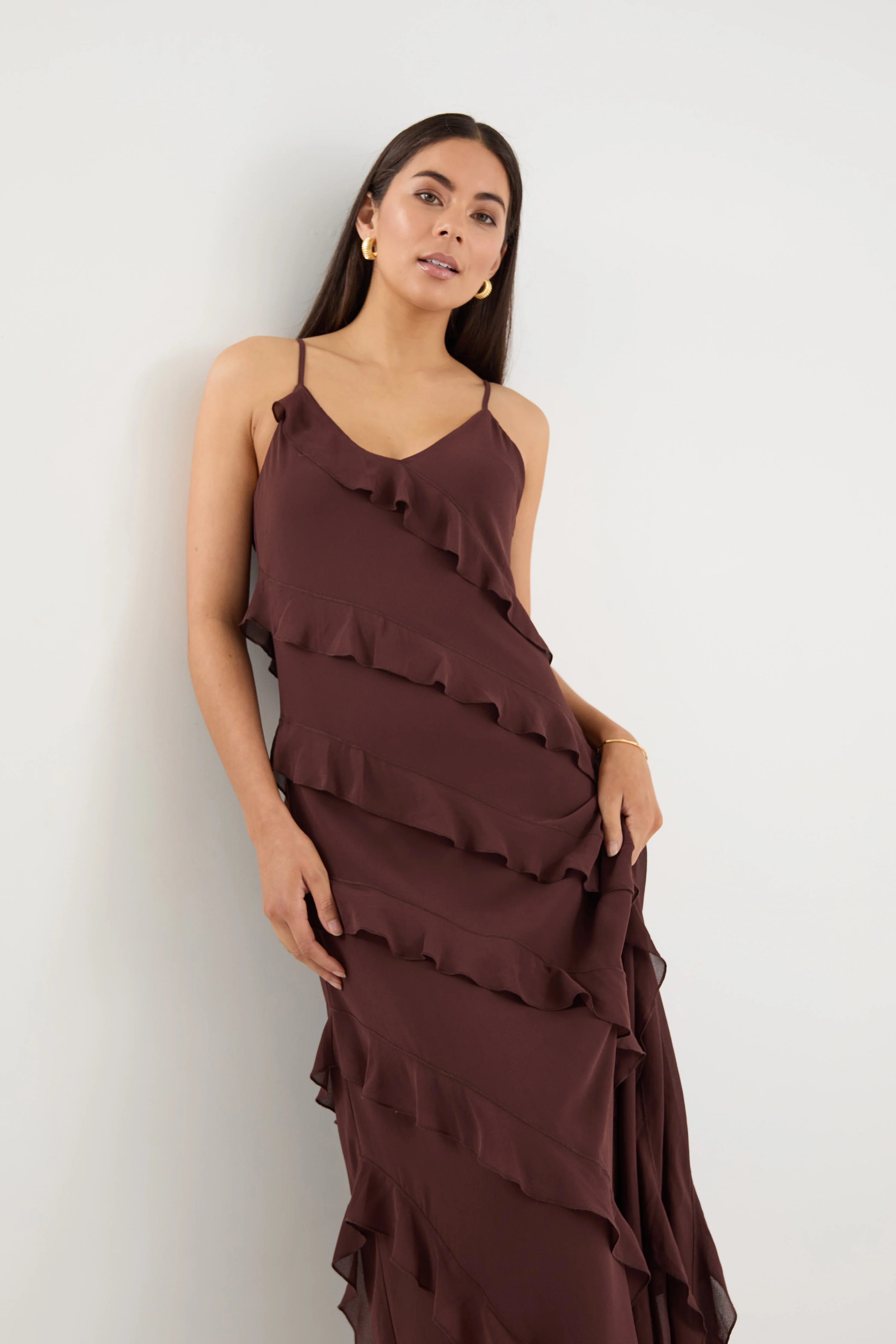 Galore Chocolate Bias Ruffle Slip Maxi Dress - Image 4
