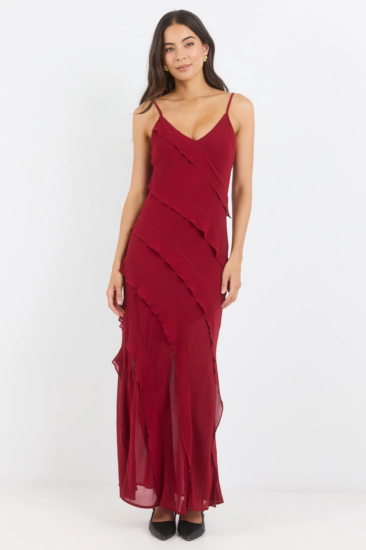 Galore Dark Red Georgette Bias Ruffle Slip Maxi Dress - Image 2
