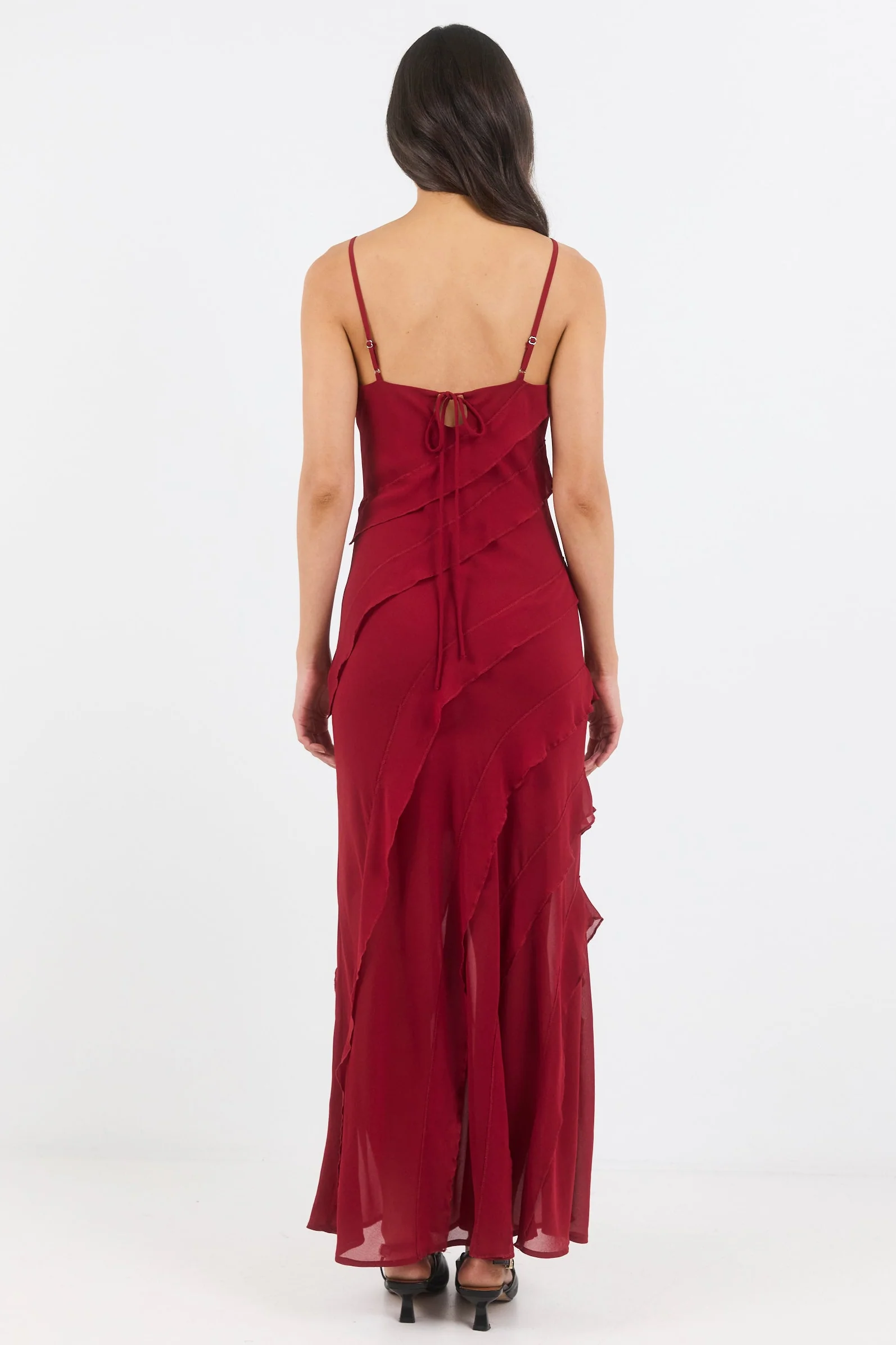 Galore Dark Red Georgette Bias Ruffle Slip Maxi Dress - Image 5