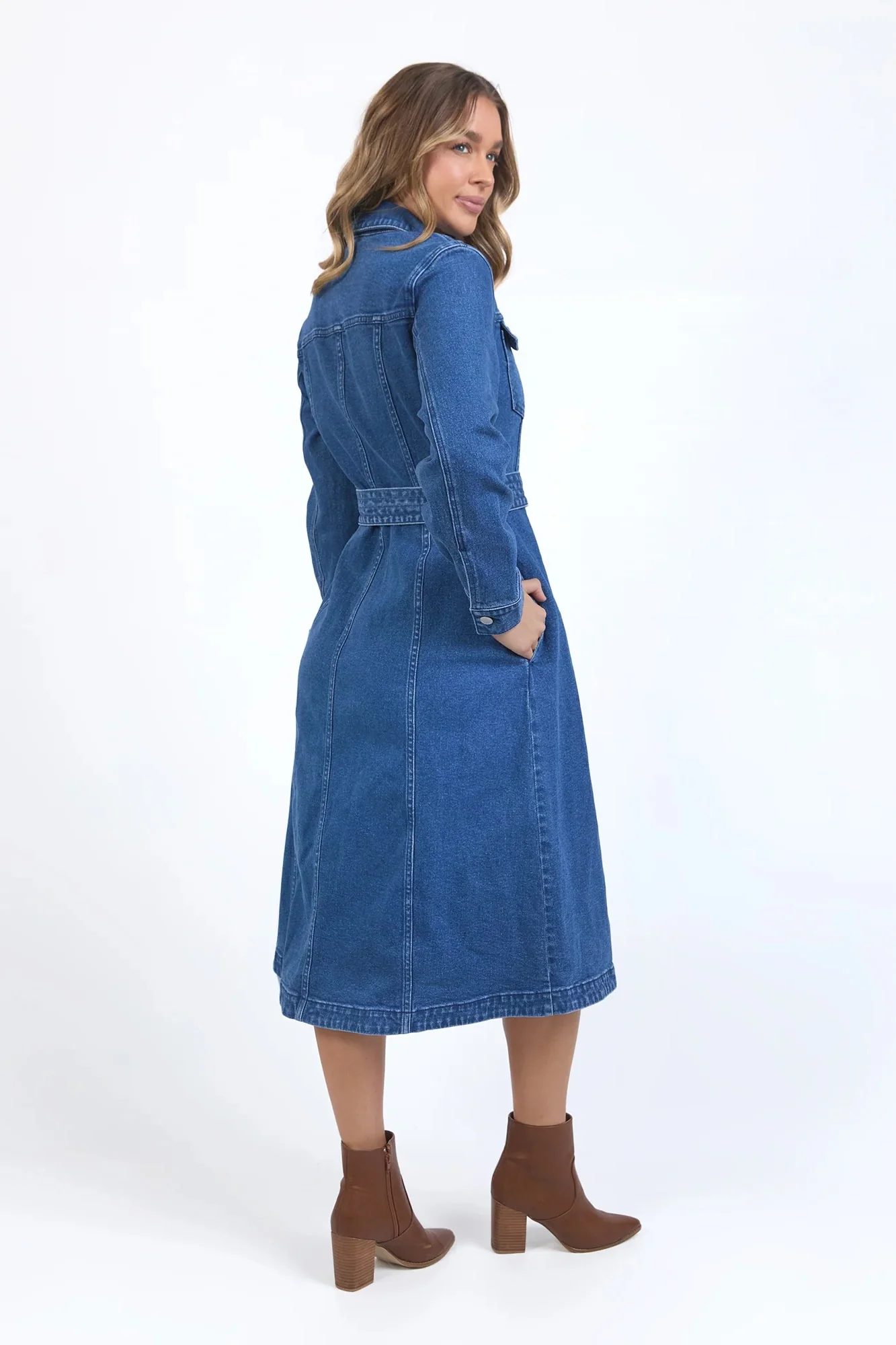 Genevieve Mid Blue LS Denim Midi Dress - Image 5