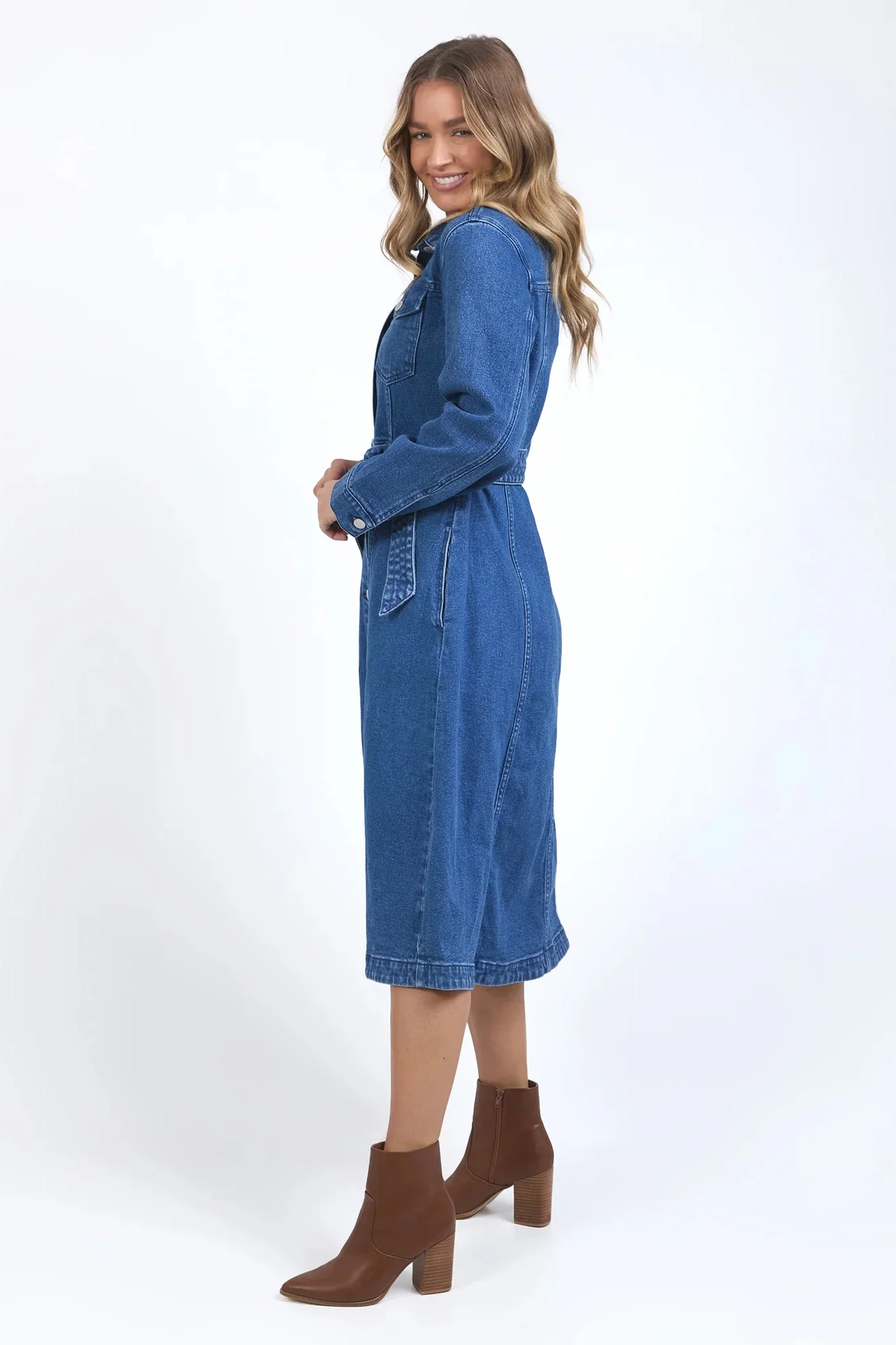 Genevieve Mid Blue LS Denim Midi Dress - Image 6