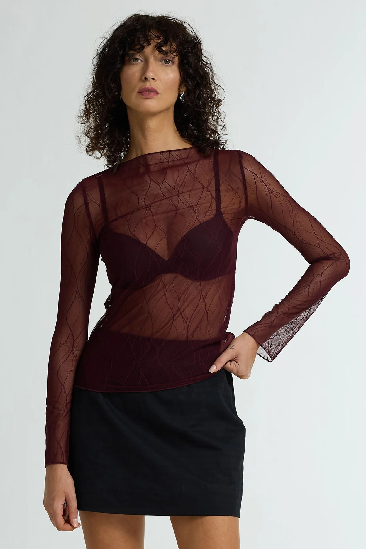 Gigi Burgundy Veil Lace LS Top