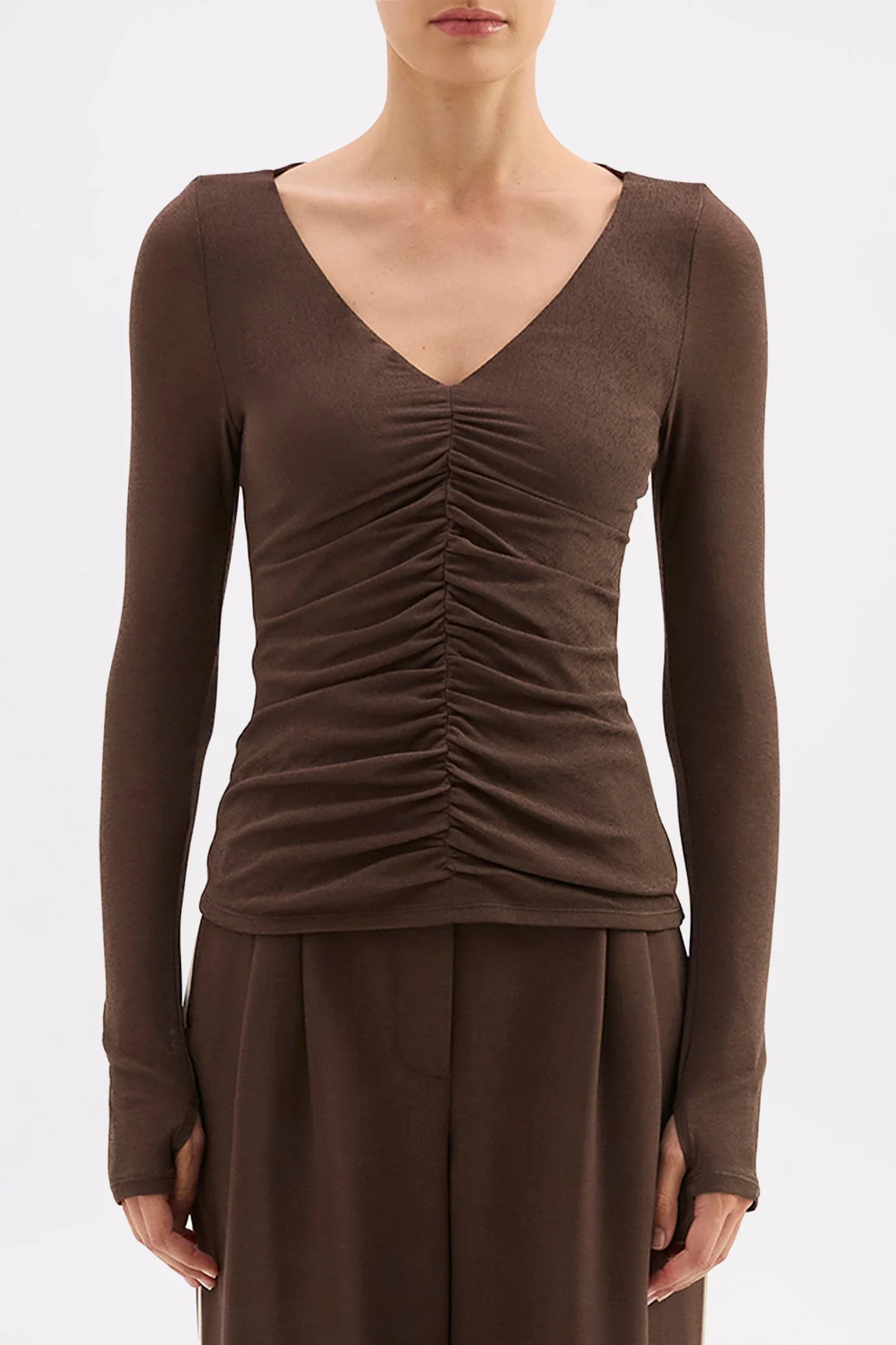 Gigi Walnut V Neck LS Mesh Top - Image 3