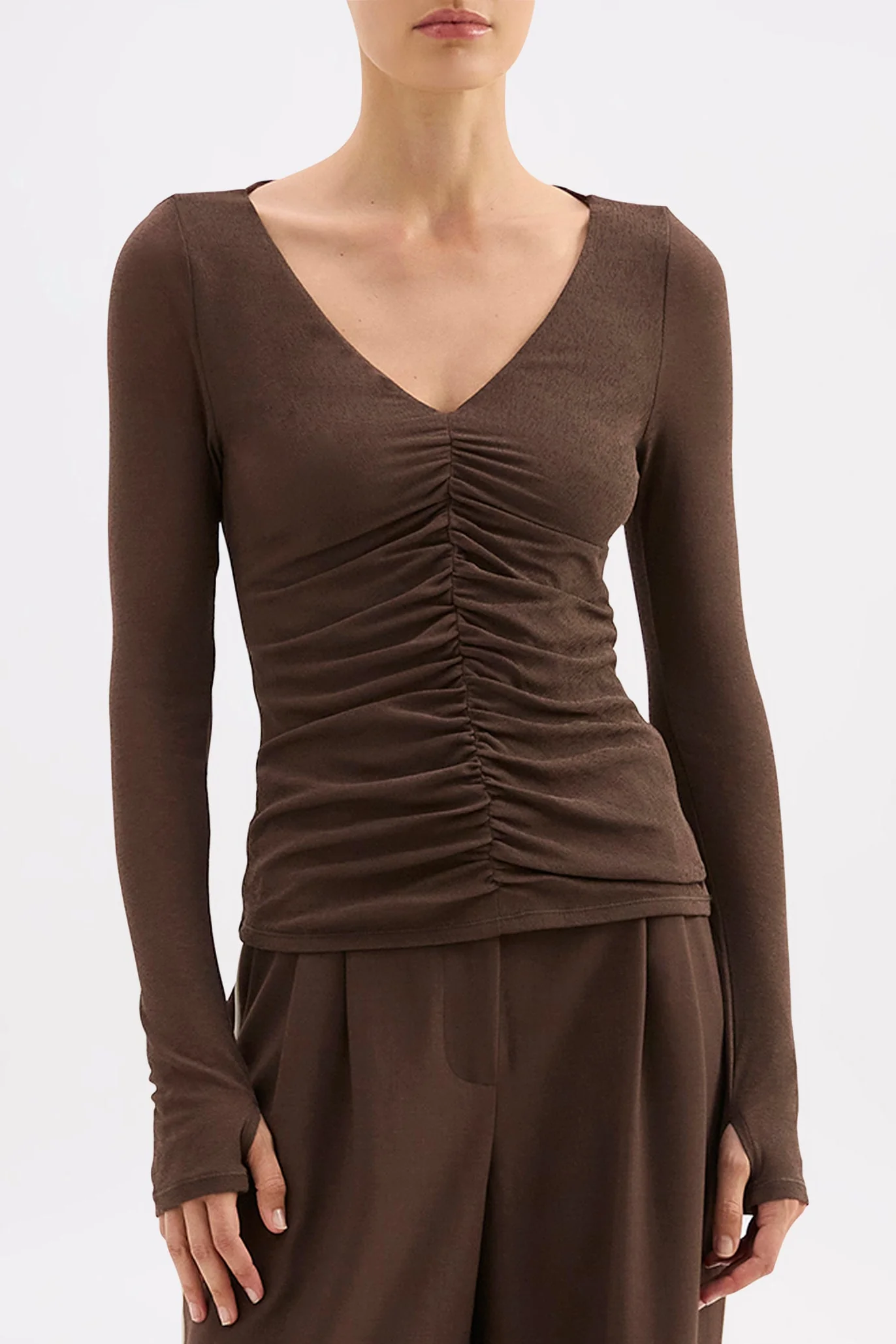 Gigi Walnut V Neck LS Mesh Top - Image 4