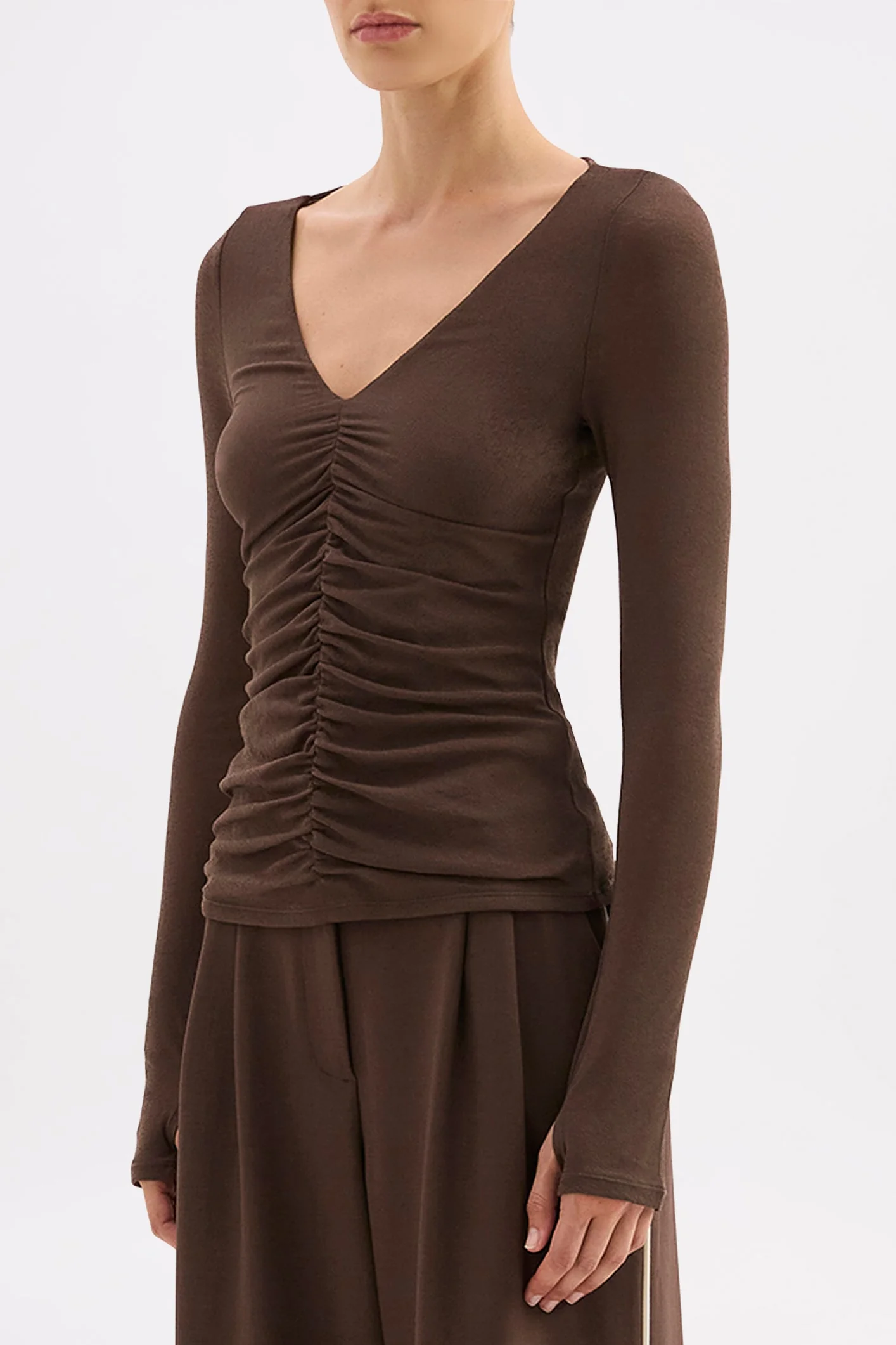 Gigi Walnut V Neck LS Mesh Top - Image 5