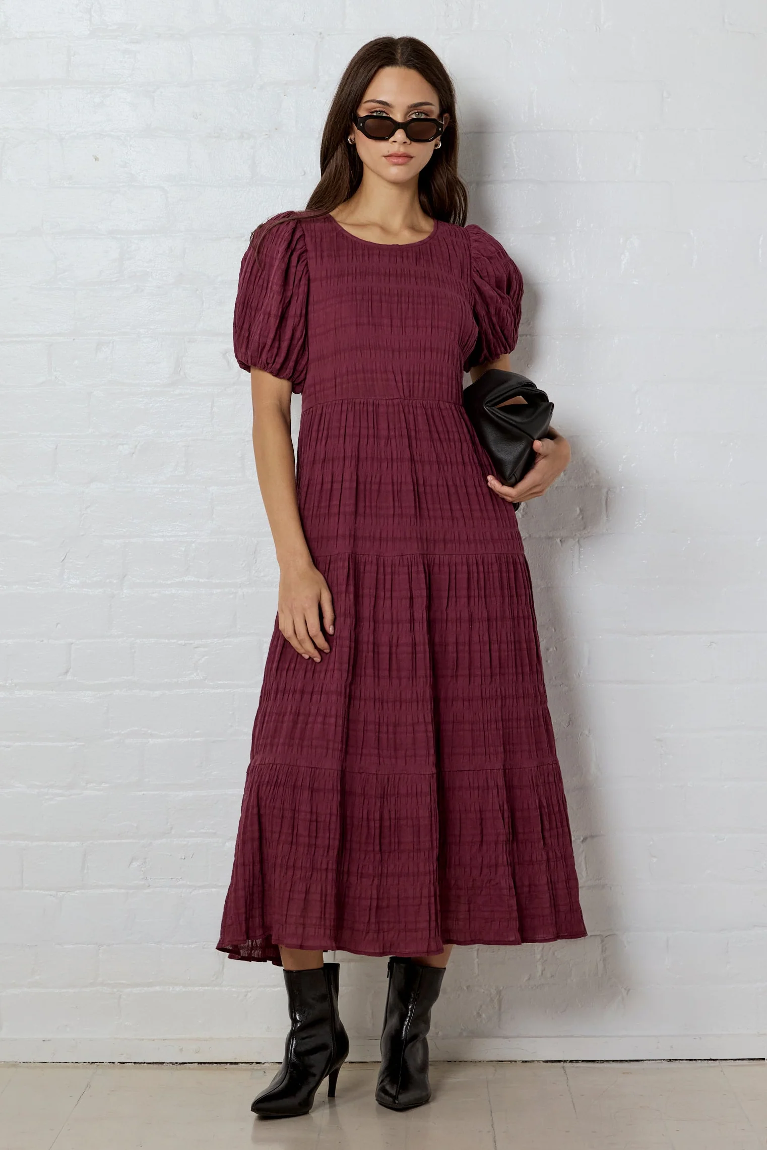 Graceful Burgundy Plum Shirred Cotton Bubble Short Sleeve Tiered Maxi Dress