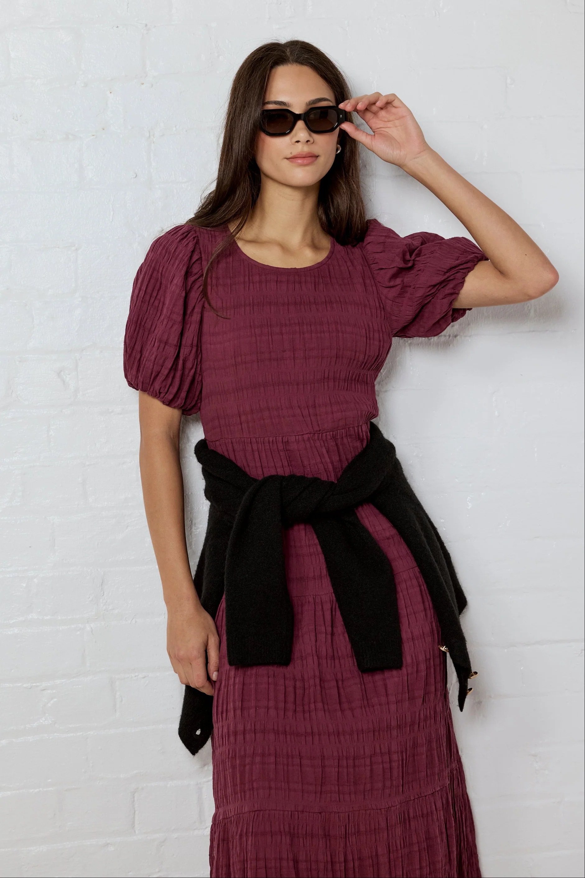 Graceful Burgundy Plum Shirred Cotton Bubble Short Sleeve Tiered Maxi Dress - Image 2
