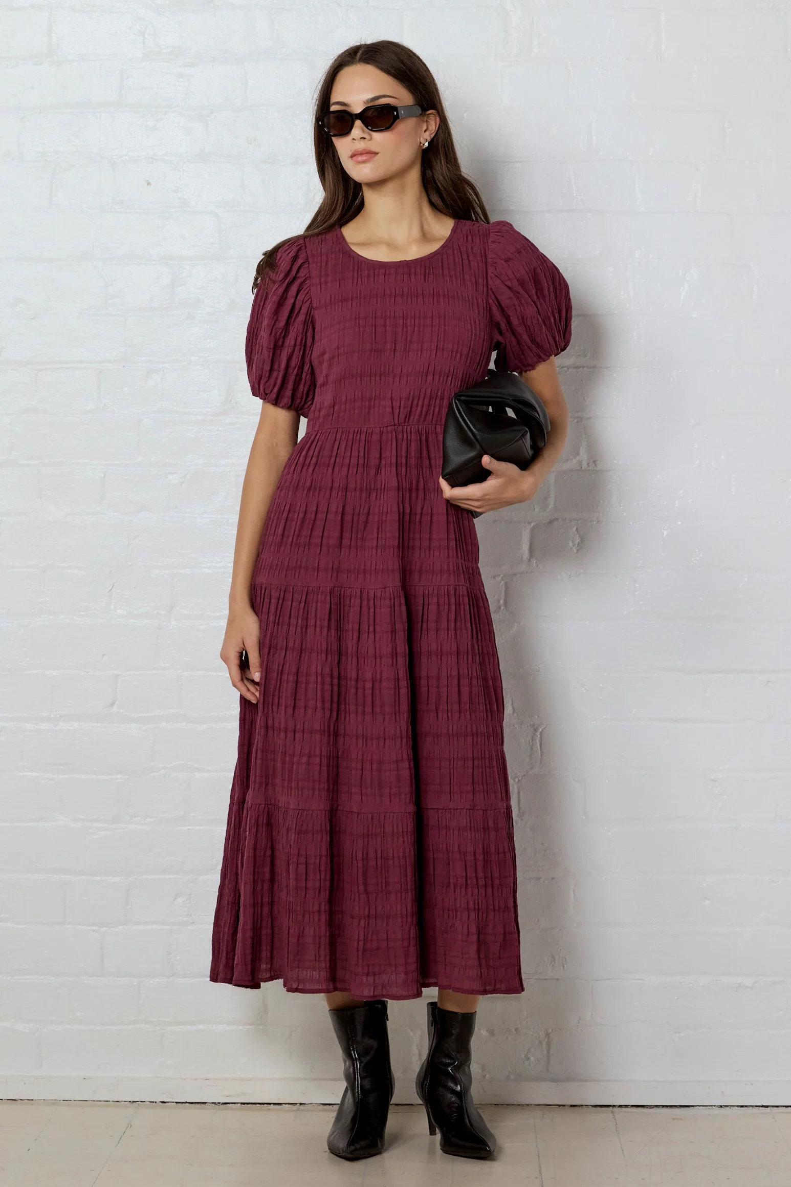 Graceful Burgundy Plum Shirred Cotton Bubble Short Sleeve Tiered Maxi Dress - Image 3