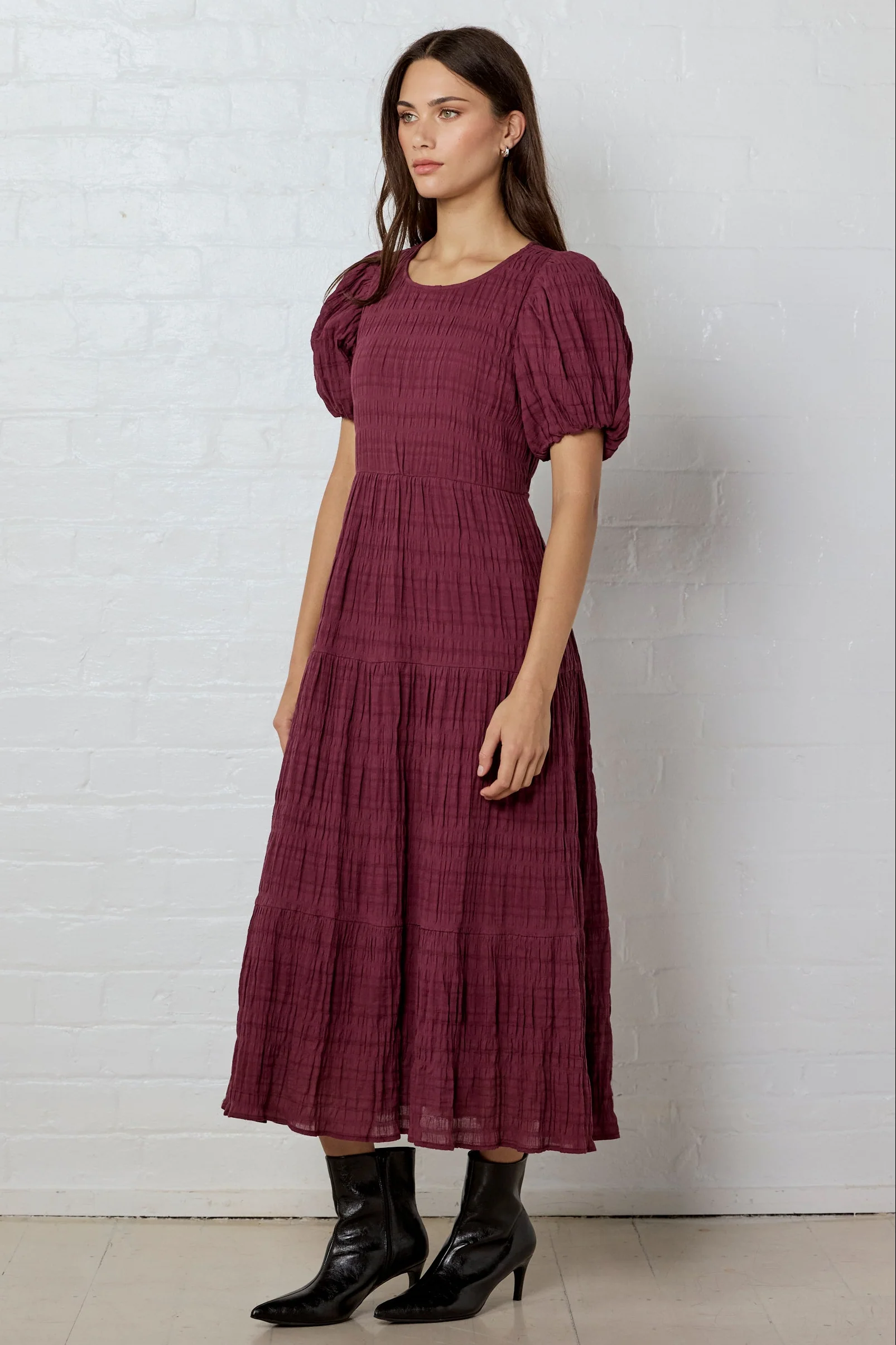 Graceful Burgundy Plum Shirred Cotton Bubble Short Sleeve Tiered Maxi Dress - Image 4