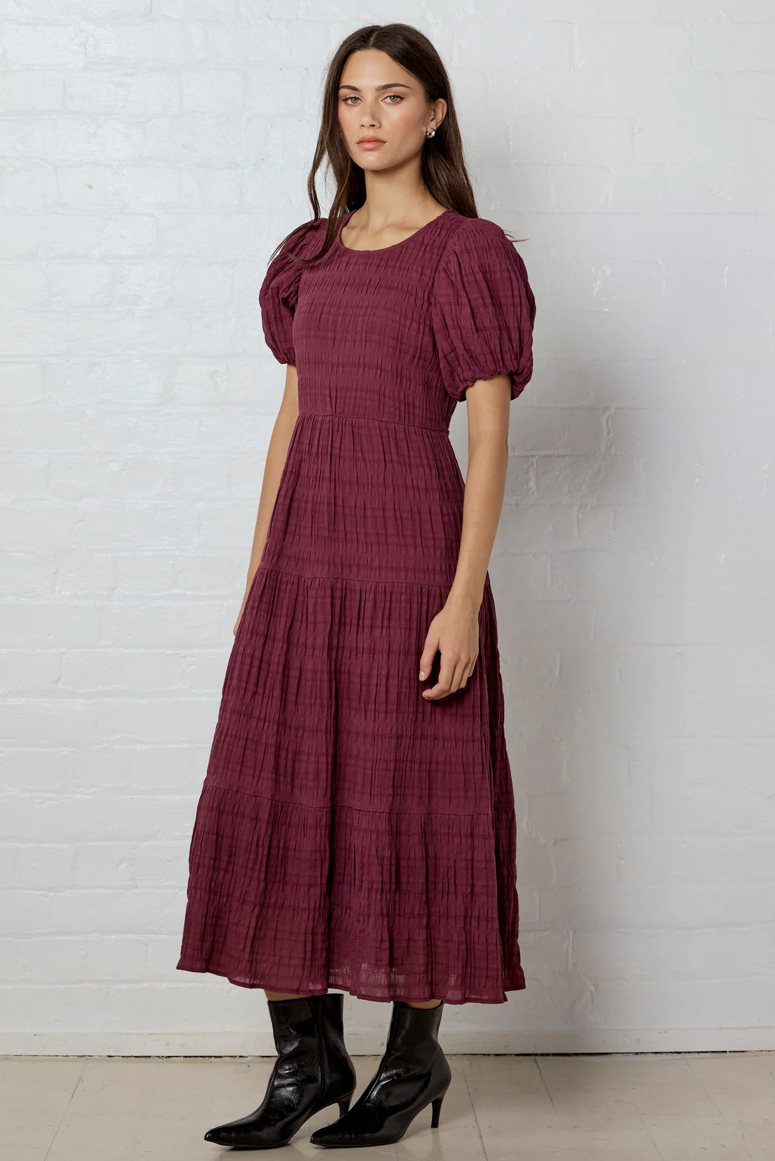 Graceful Burgundy Plum Shirred Cotton Bubble Short Sleeve Tiered Maxi Dress - Image 5