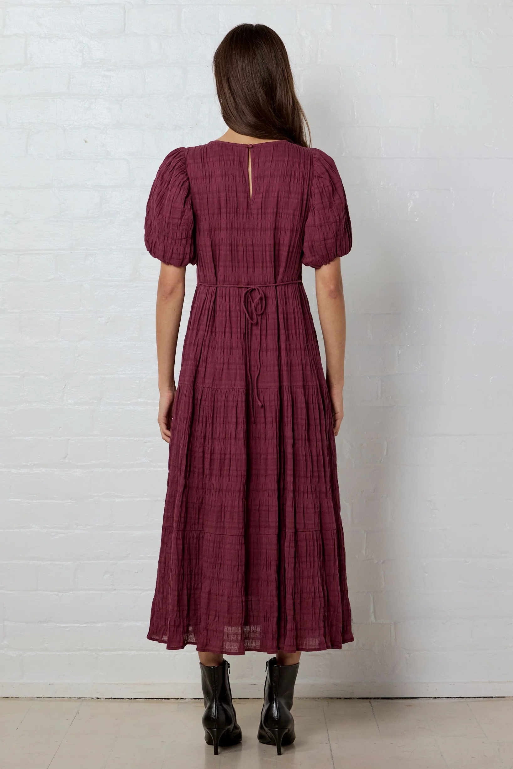 Graceful Burgundy Plum Shirred Cotton Bubble Short Sleeve Tiered Maxi Dress - Image 6
