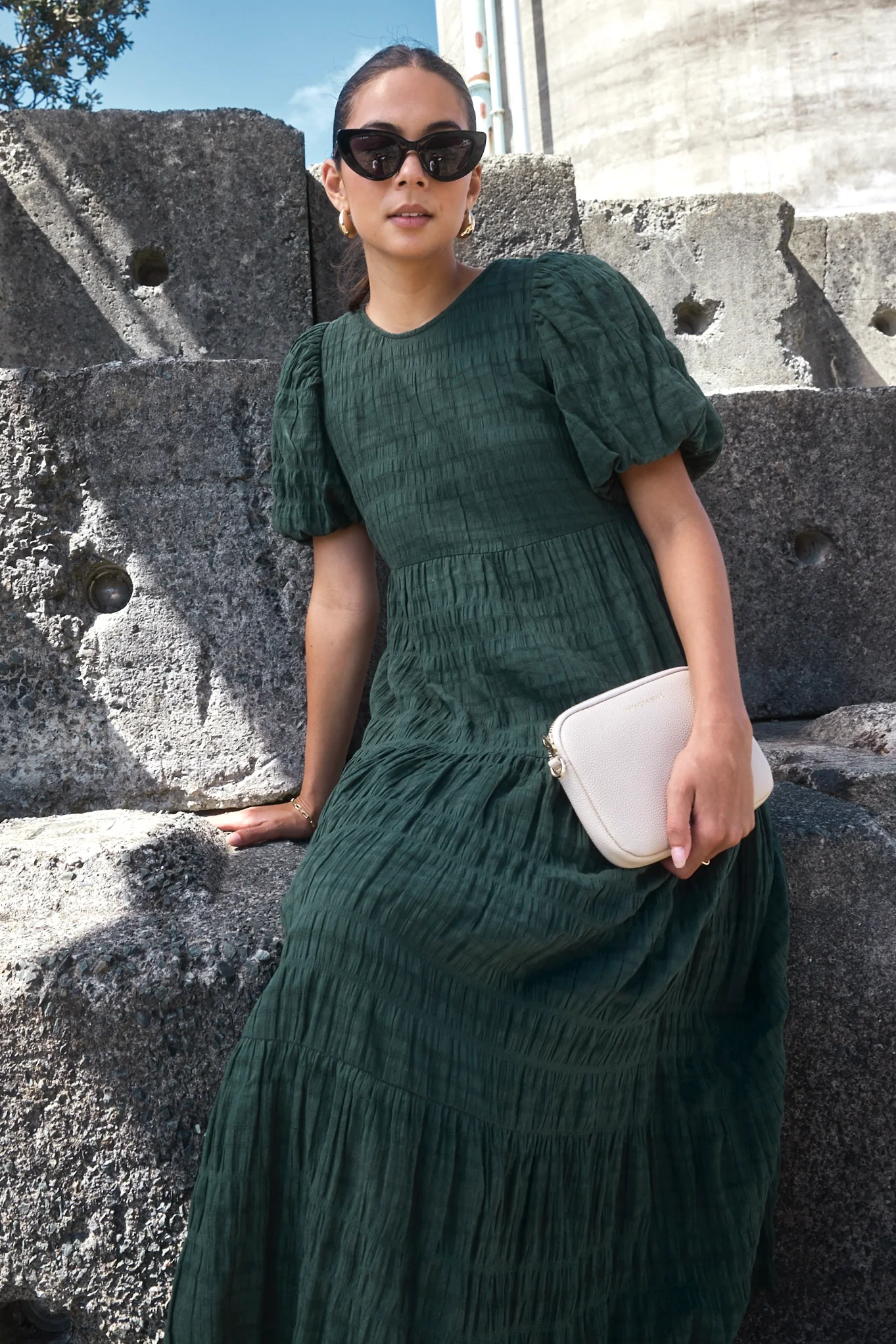 Graceful Forest Bubble Short Sleeve Tiered Maxi Dress