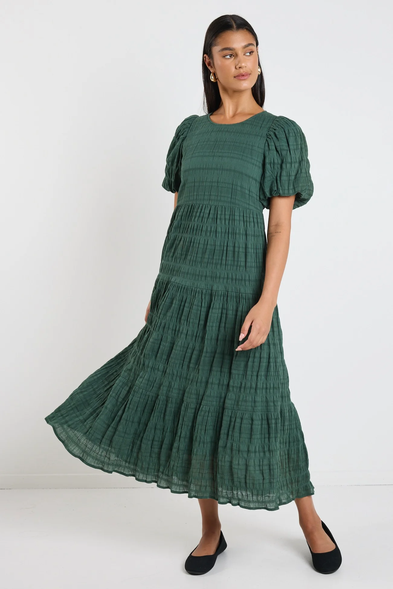 Graceful Forest Bubble Short Sleeve Tiered Maxi Dress - Image 2