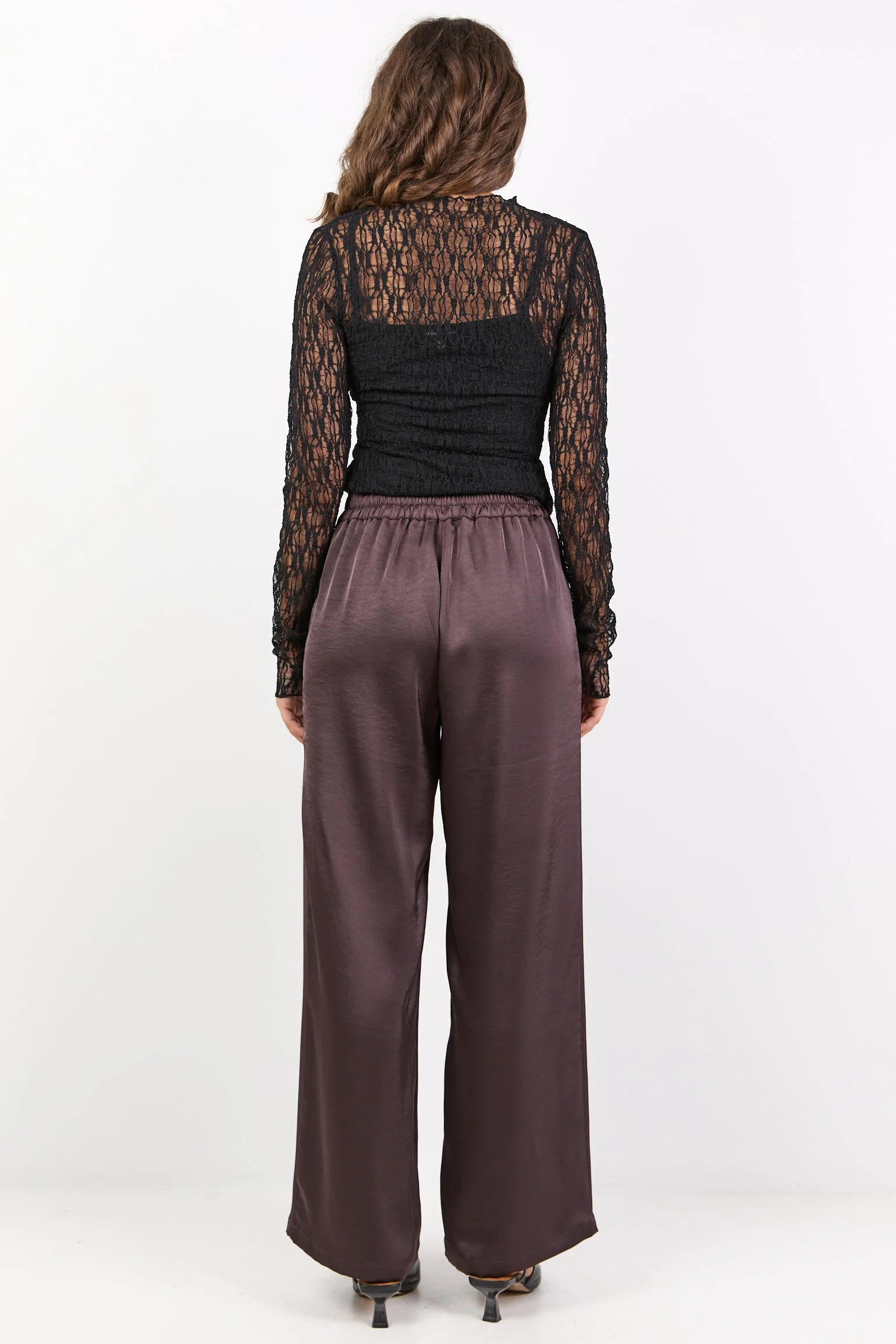 Grandeur Chocolate Satin Elastic Back Wide Leg Pants - Image 5