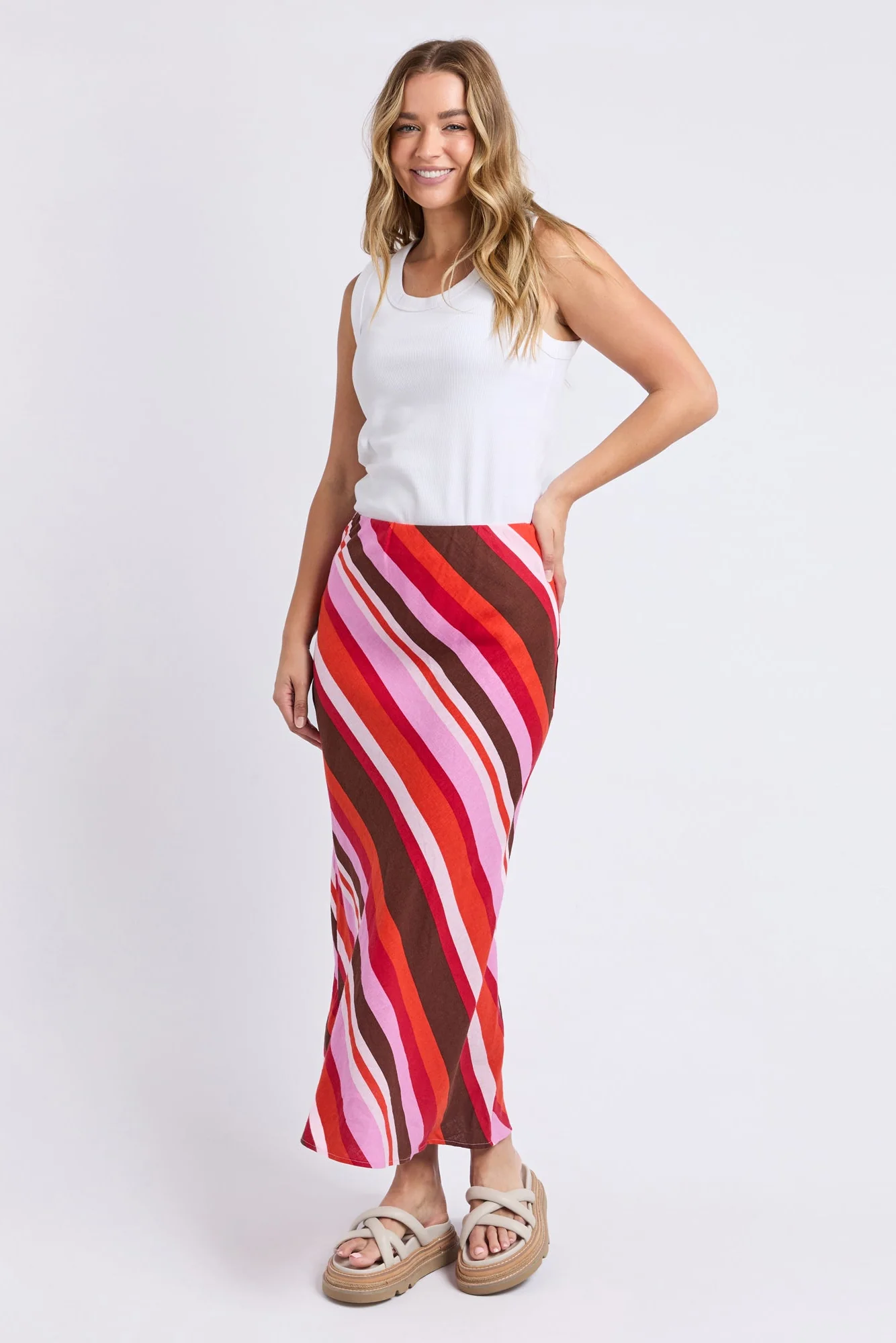 Guava Pink Stripe Bias Midi Skirt