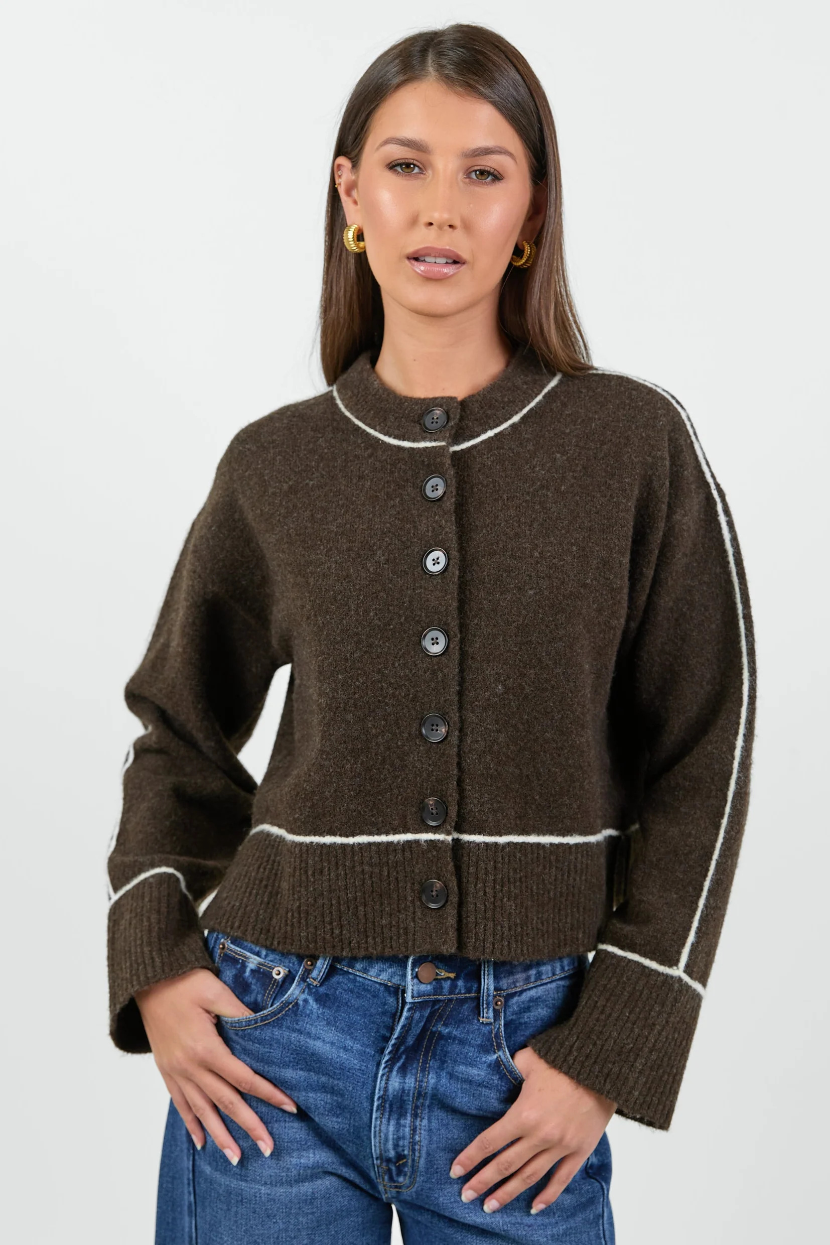 Habitual Chocolate Contrast Trim Cardigan - Image 2