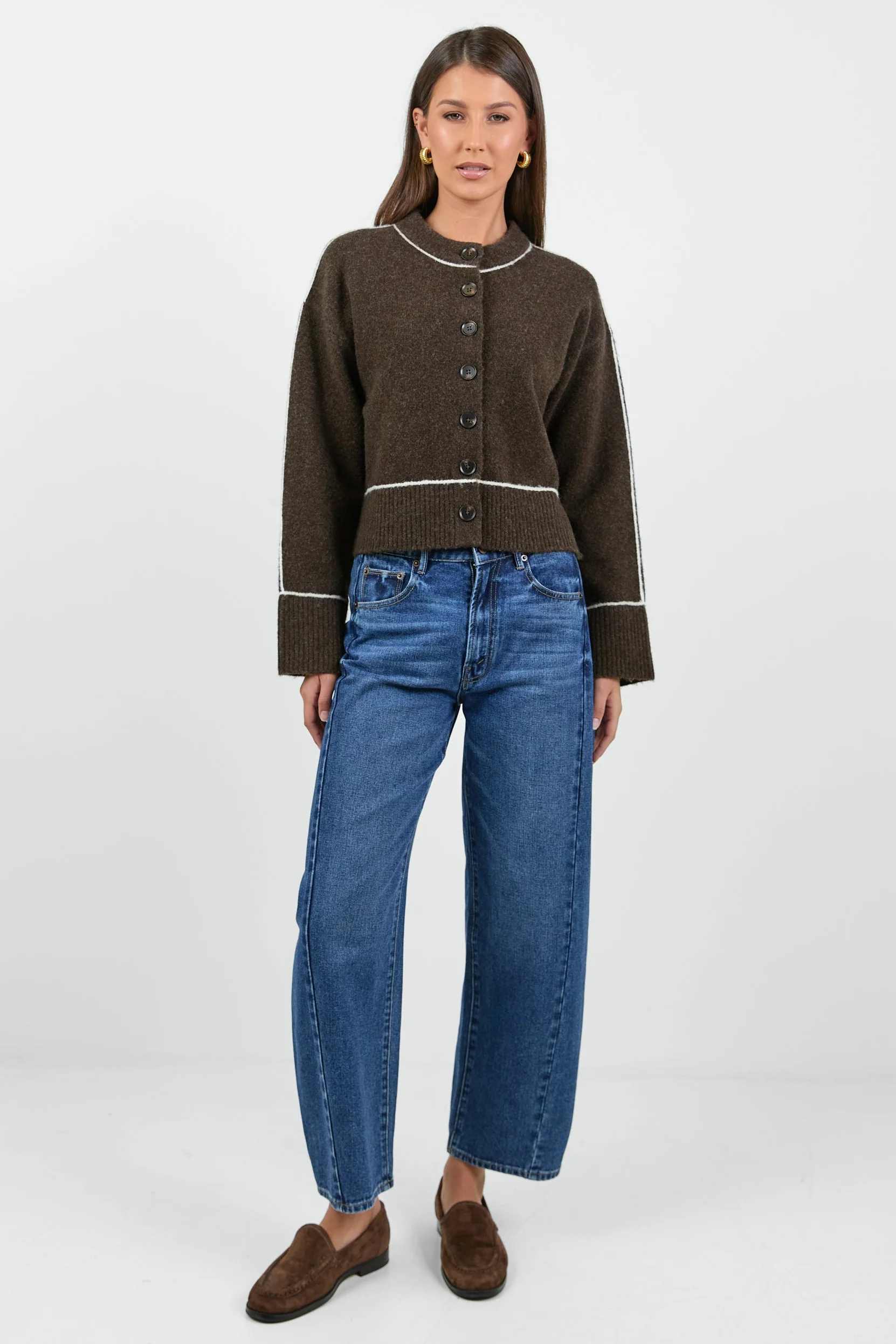 Habitual Chocolate Contrast Trim Cardigan - Image 3