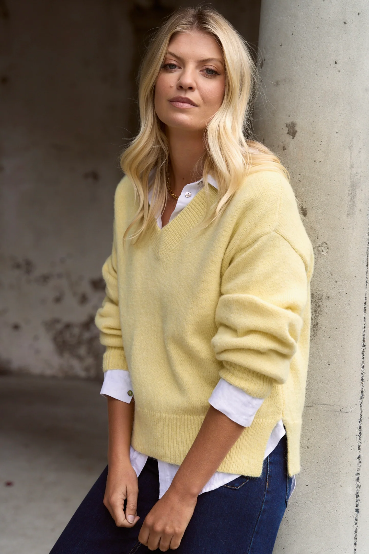 Harvest Butter V Neck Knit Jumper